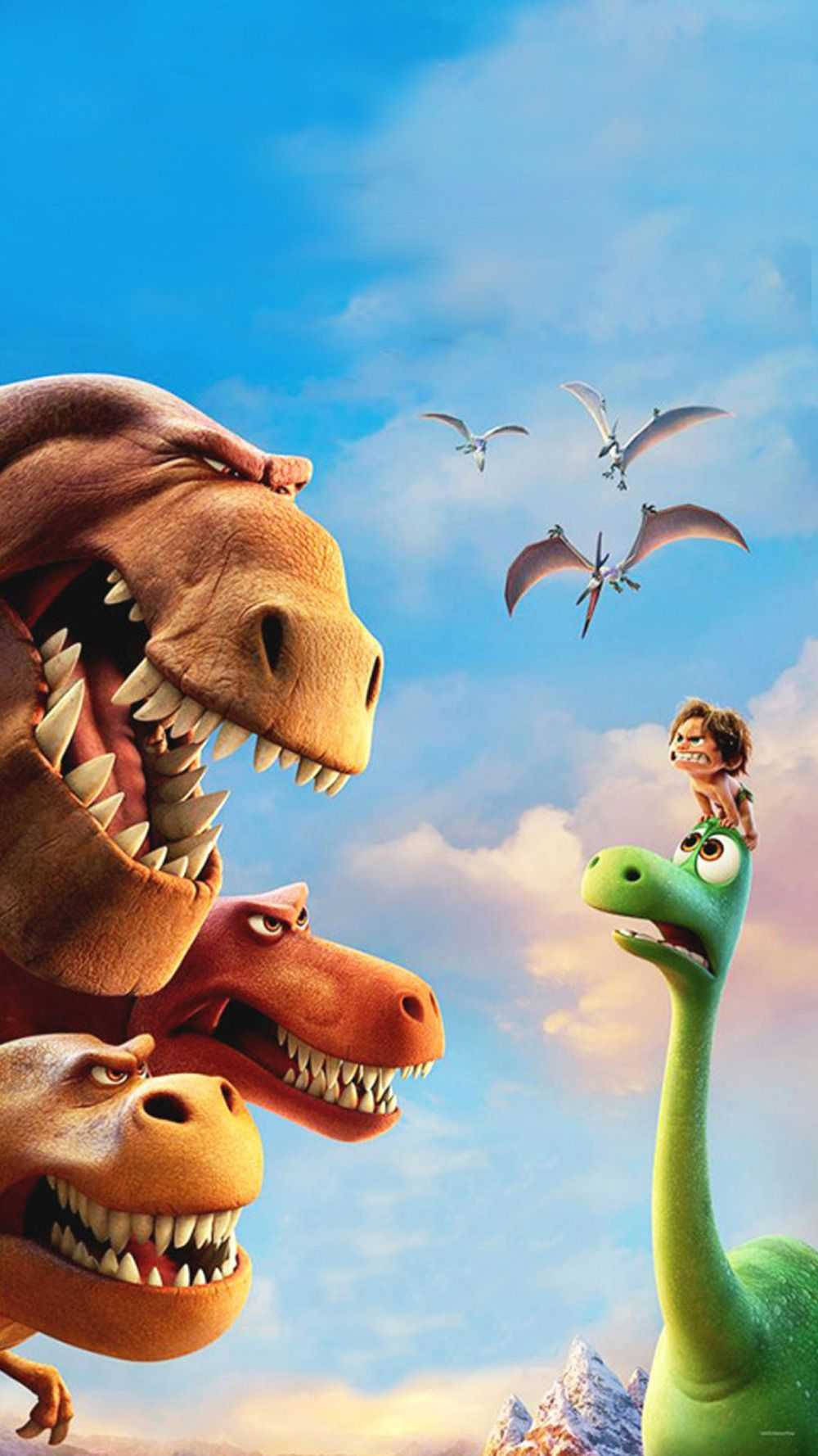 Cartoon dinosaur, green long-necked dinosaur, three large carnivorous dinosaurs, HD Phone Wallpaper