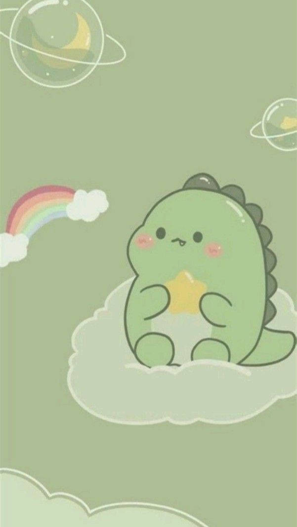 cartoon dinosaur phone, green dinosaur, cloud, SD Phone Wallpaper
