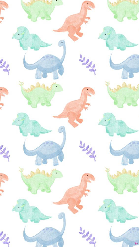 Cartoon Dinosaur Phone, pastel watercolor dinosaurs, purple leaves, SD Phone Wallpaper