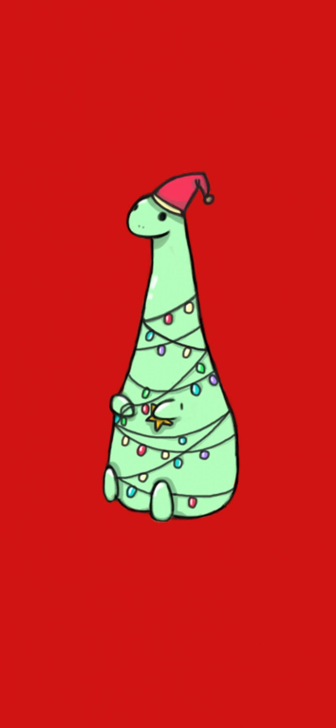 cute green dinosaur, red Santa hat, colorful Christmas lights, Full HD Phone Wallpaper