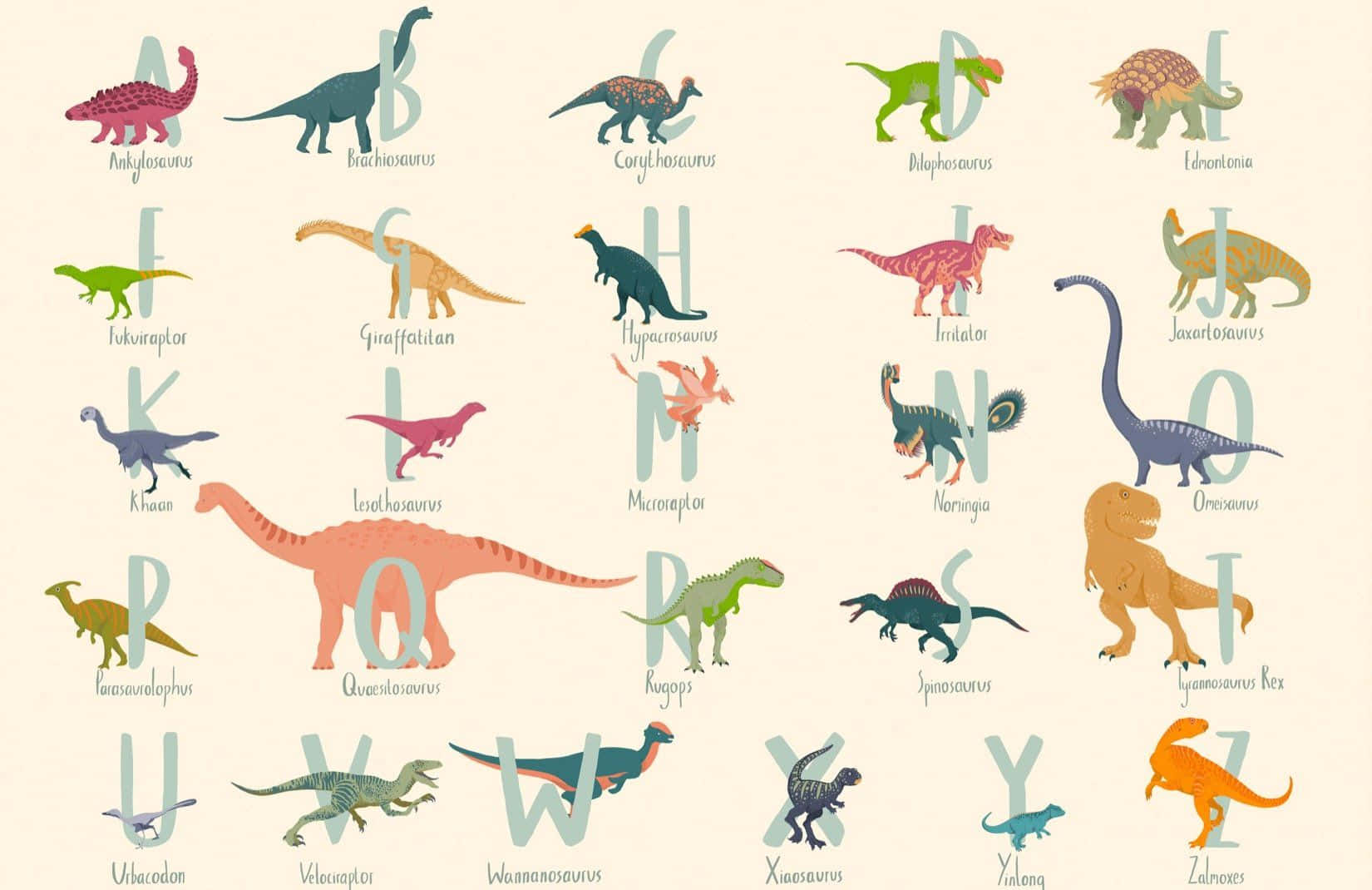 cartoon dinosaurs, alphabet chart, A to Z, HD Desktop Wallpaper