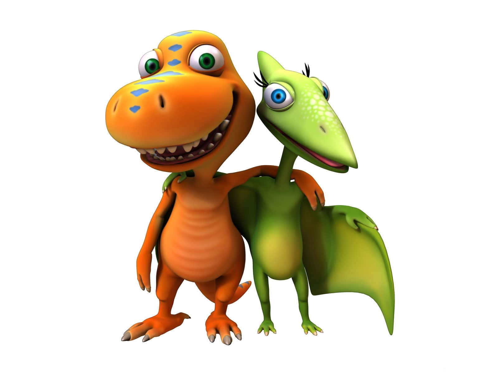 cartoon dinosaur, orange T rex, green pterodactyl, HD Desktop Wallpaper