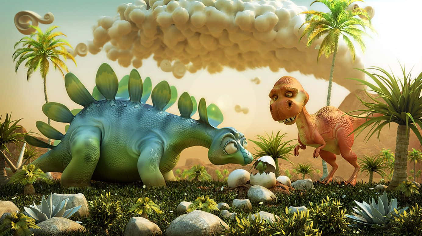 cartoonish dinosaurs, dinosaur eggs, lush prehistoric jungle, HD Desktop Wallpaper