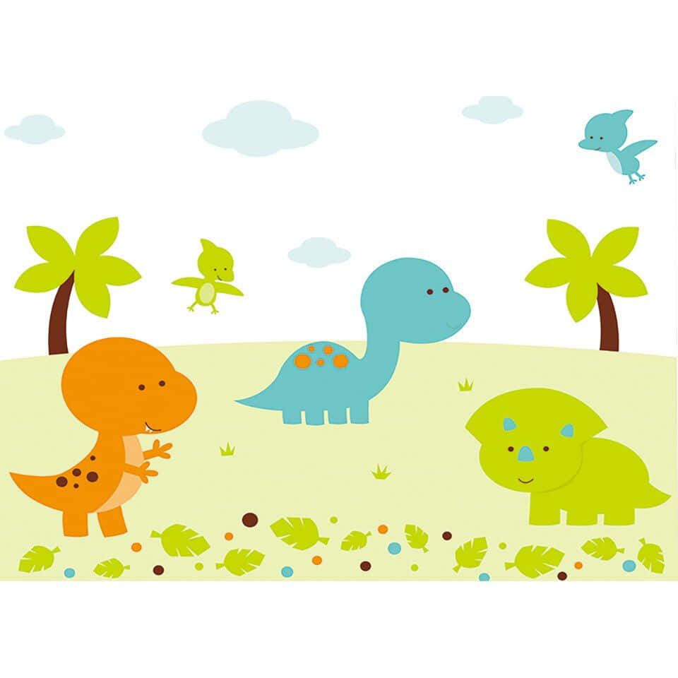 cartoon dinosaur, palm trees, scattered leaves, SD Desktop Wallpaper