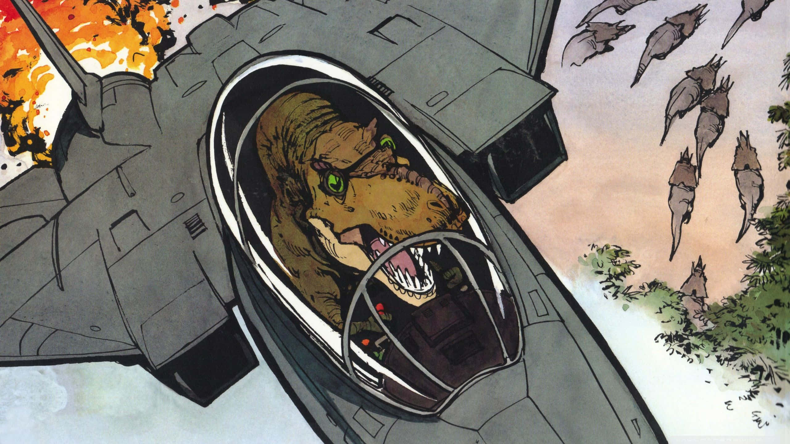 t-rex pilot, fighter jet cockpit, explosions, 2K Desktop Wallpaper