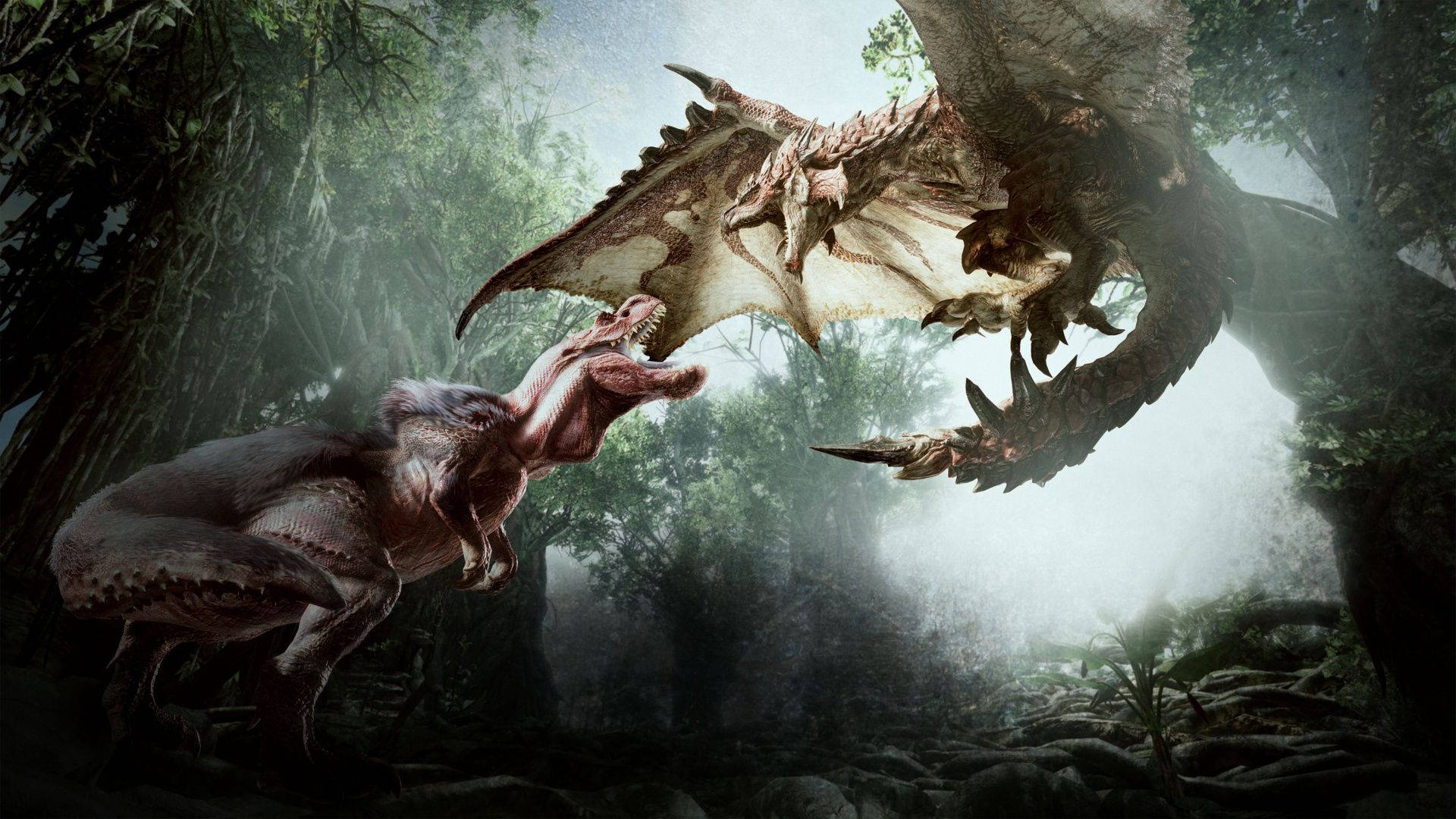 dinosaur, dragon, misty jungle canopy, Full HD Desktop Wallpaper