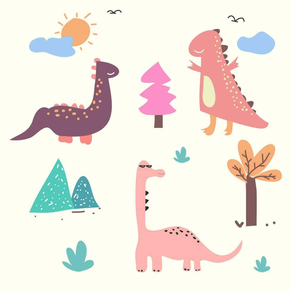 colorful cartoon dinosaurs, pastel-colored, trees, SD Desktop Wallpaper