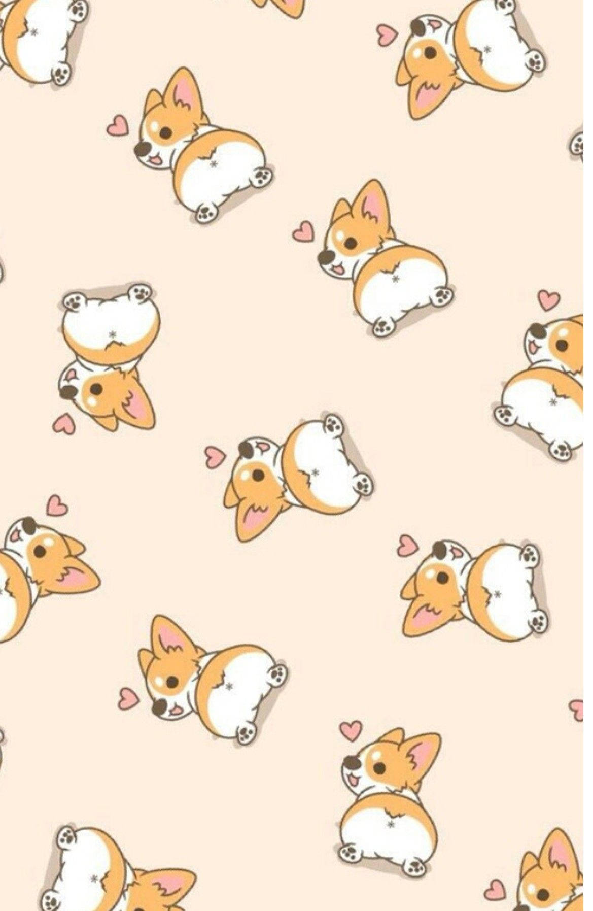cartoon corgi dogs, soft beige background, tiny pink hearts, HD Phone Wallpaper