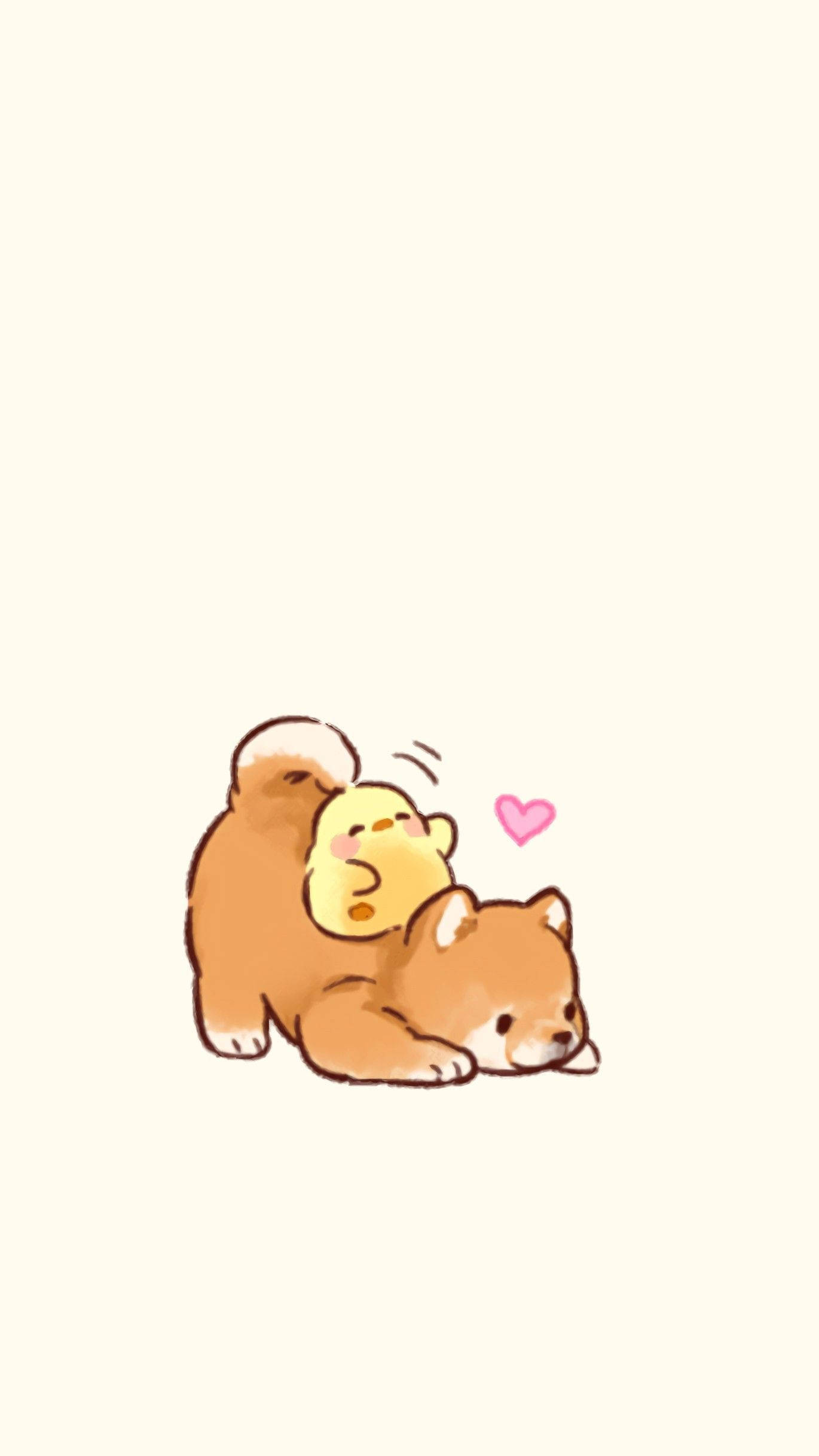 chibi-style shiba inu puppy, small yellow chick, pink heart, Full HD Phone Wallpaper