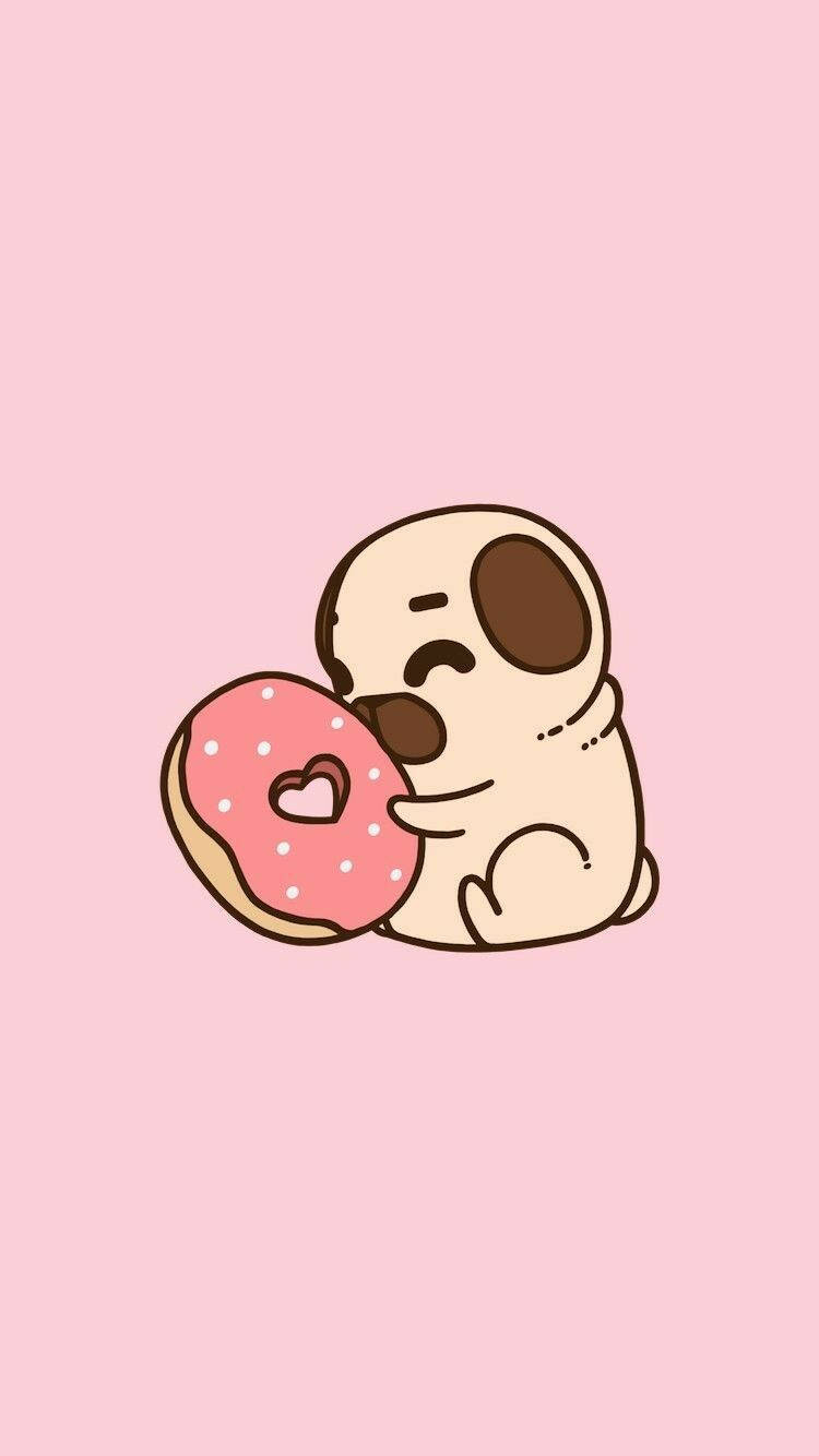cartoon pug dog, pink frosted donut, white sprinkles, HD Phone Wallpaper