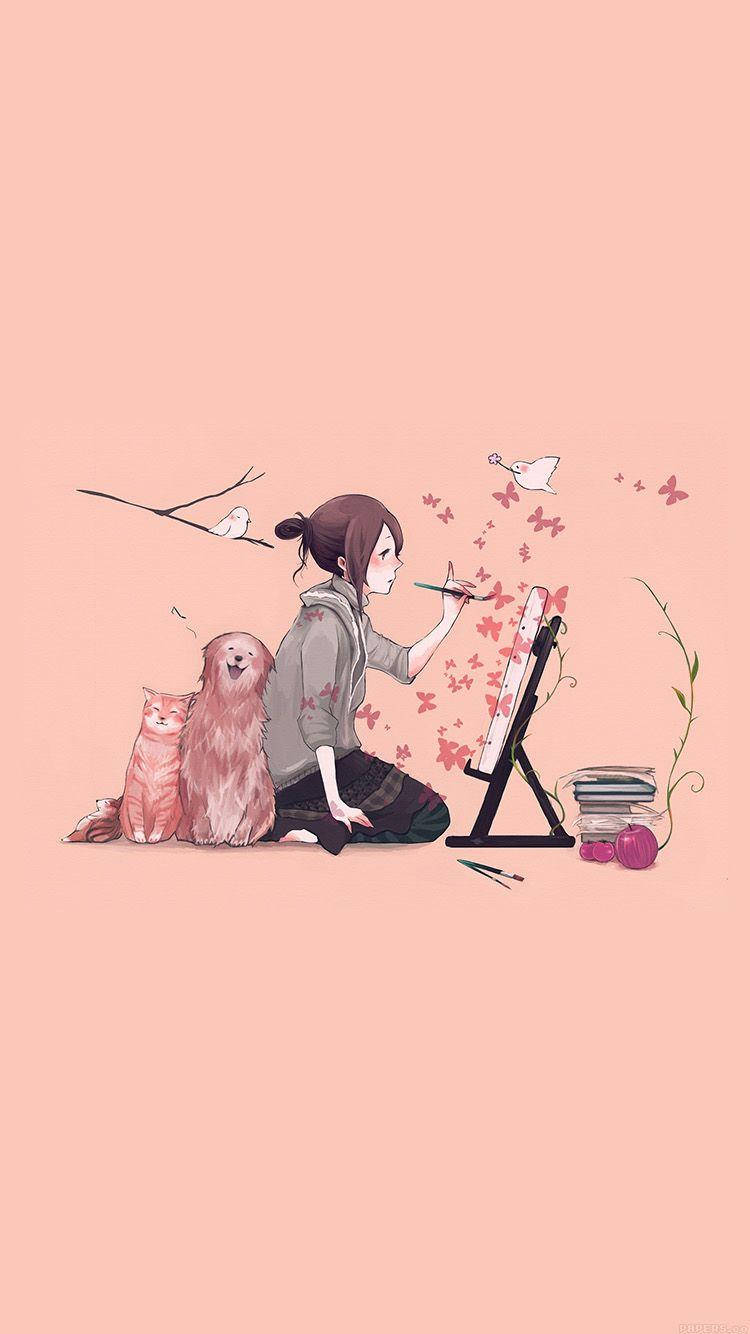 Cartoon Dog, girl painter, easel, HD Phone Wallpaper