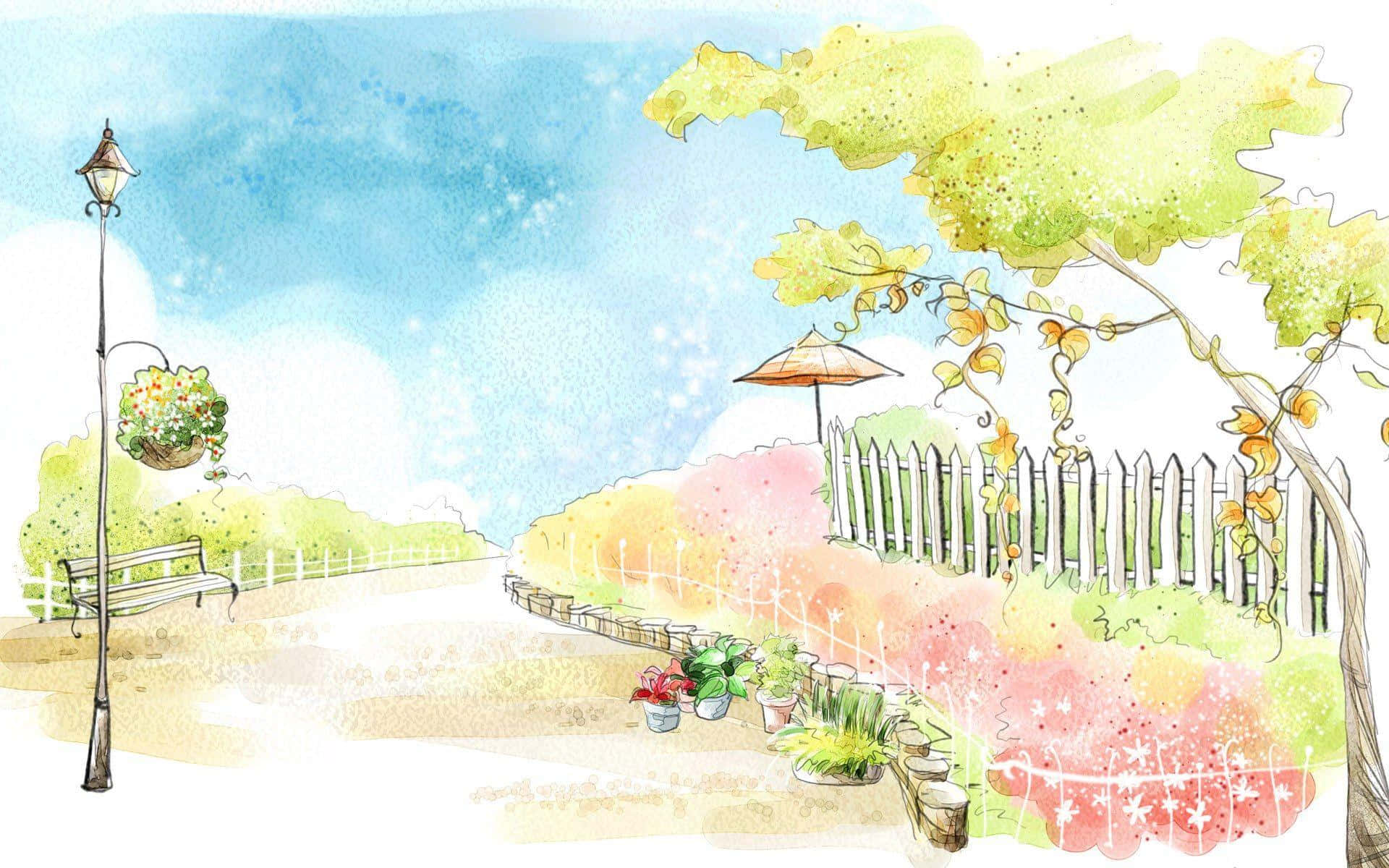 watercolor park scene, winding path, white picket fence, Full HD Desktop Wallpaper
