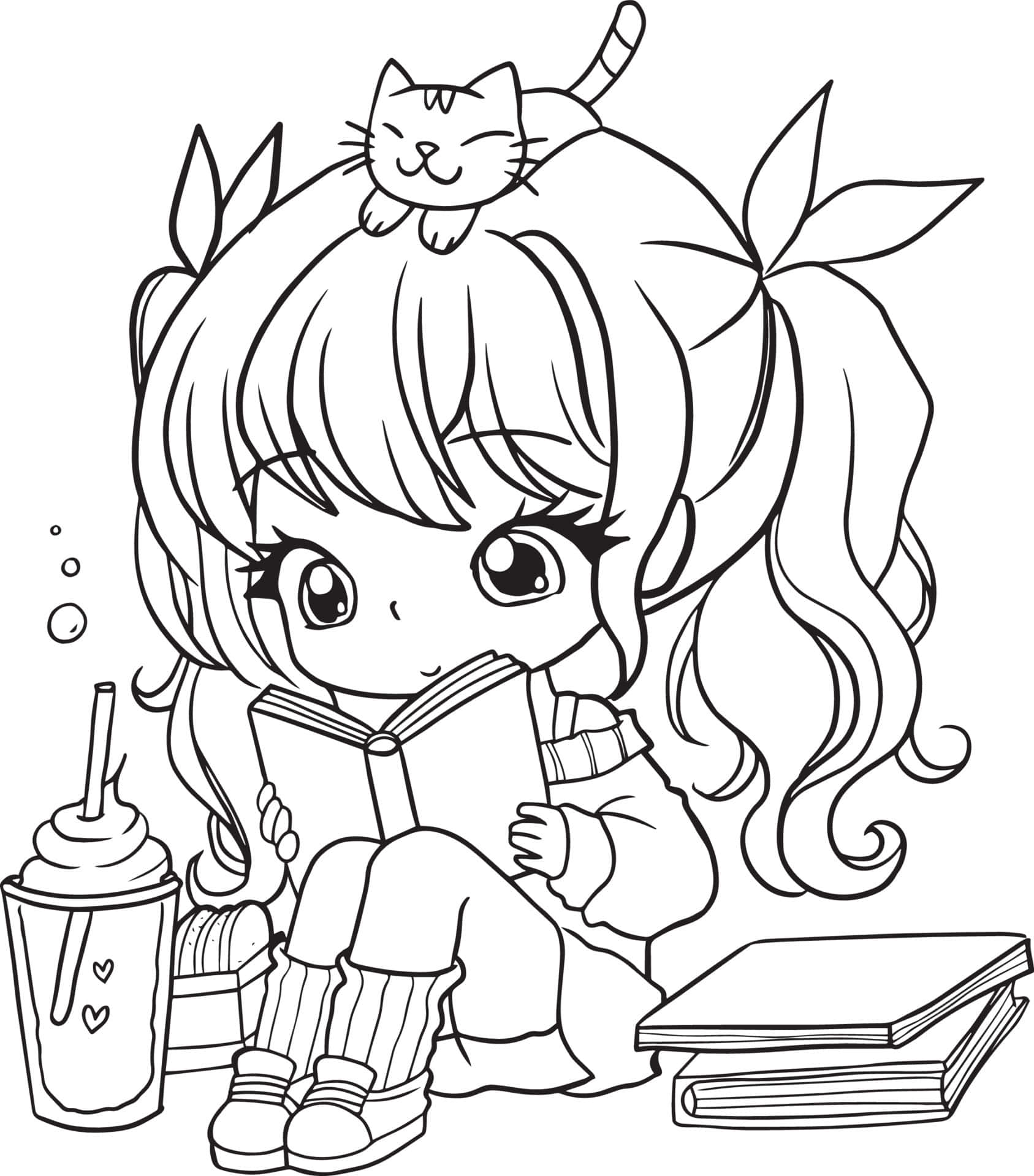 chibi girl, cat on her head, book, Full HD Phone Wallpaper
