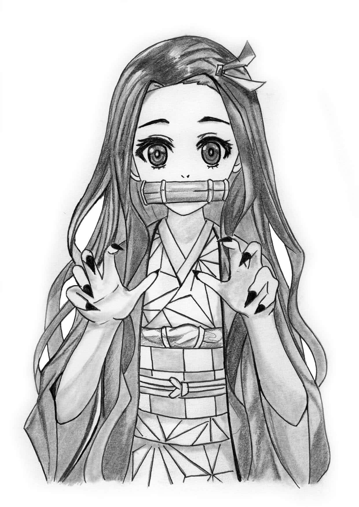 black and white anime girl, long hair, bamboo gag, HD Phone Wallpaper