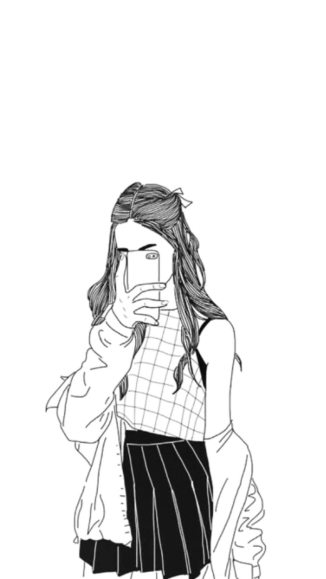 cartoon drawing, minimalist black and white line art style, young woman, HD Phone Wallpaper