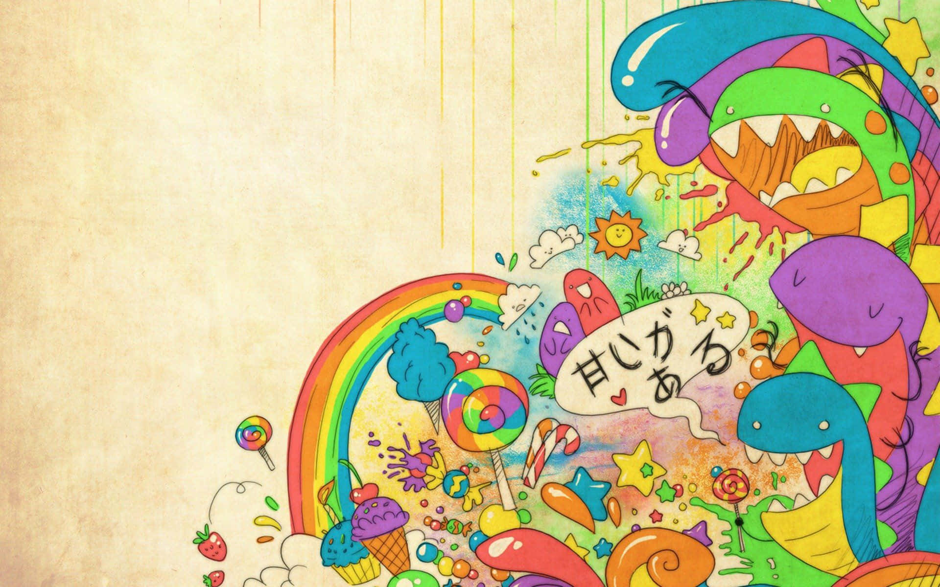 cartoon drawing, candy rainbows, smiling dinosaurs, Full HD Desktop Wallpaper