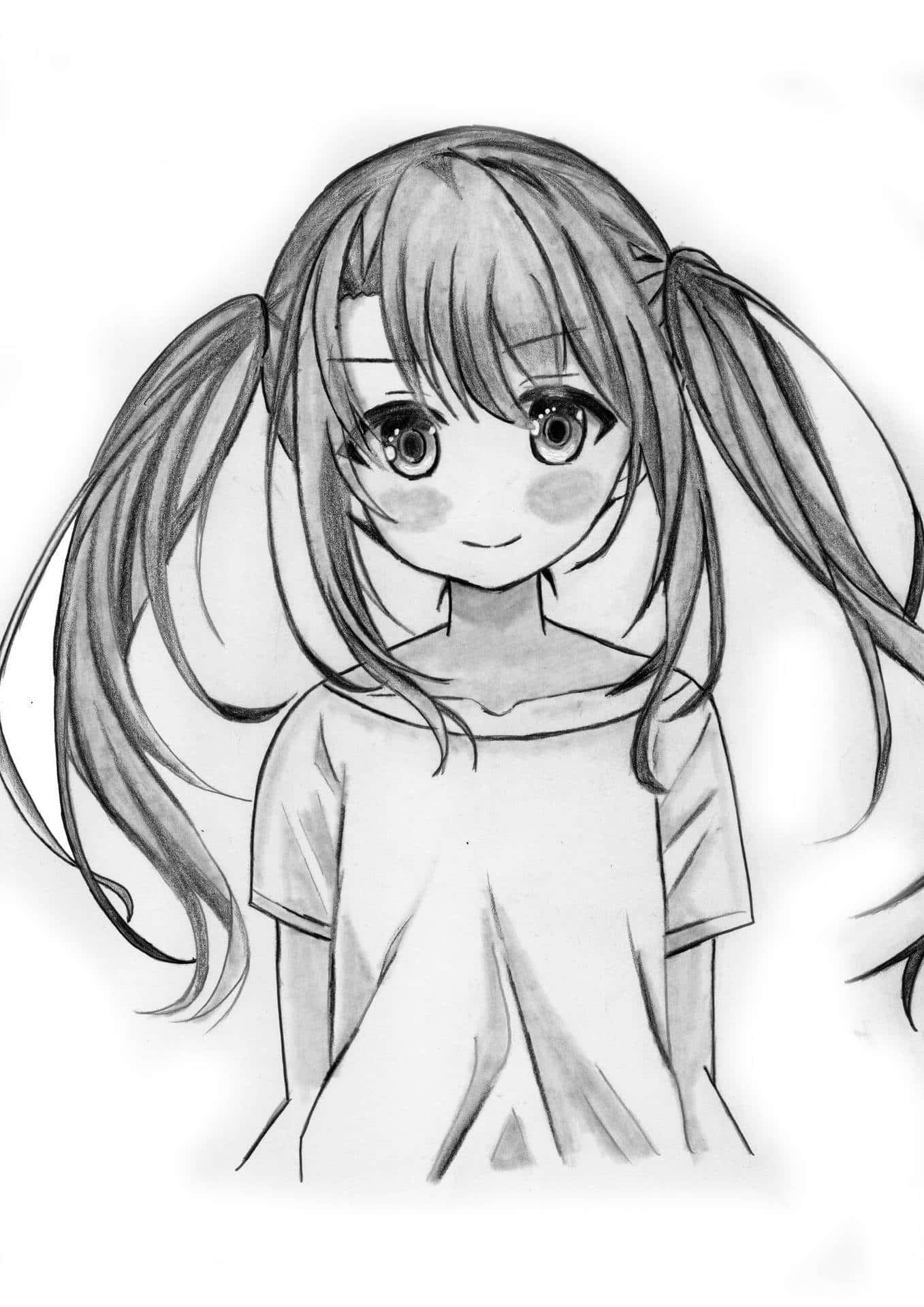 pencil sketch, anime girl, pigtails, Full HD Phone Wallpaper