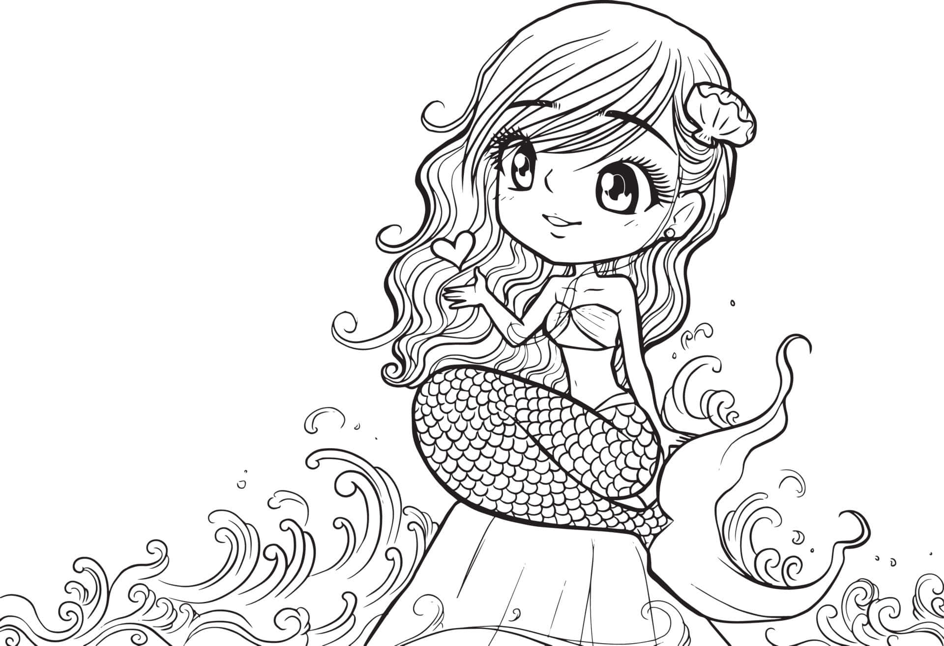 chibi mermaid, long wavy hair, smiling face, Full HD Desktop Wallpaper