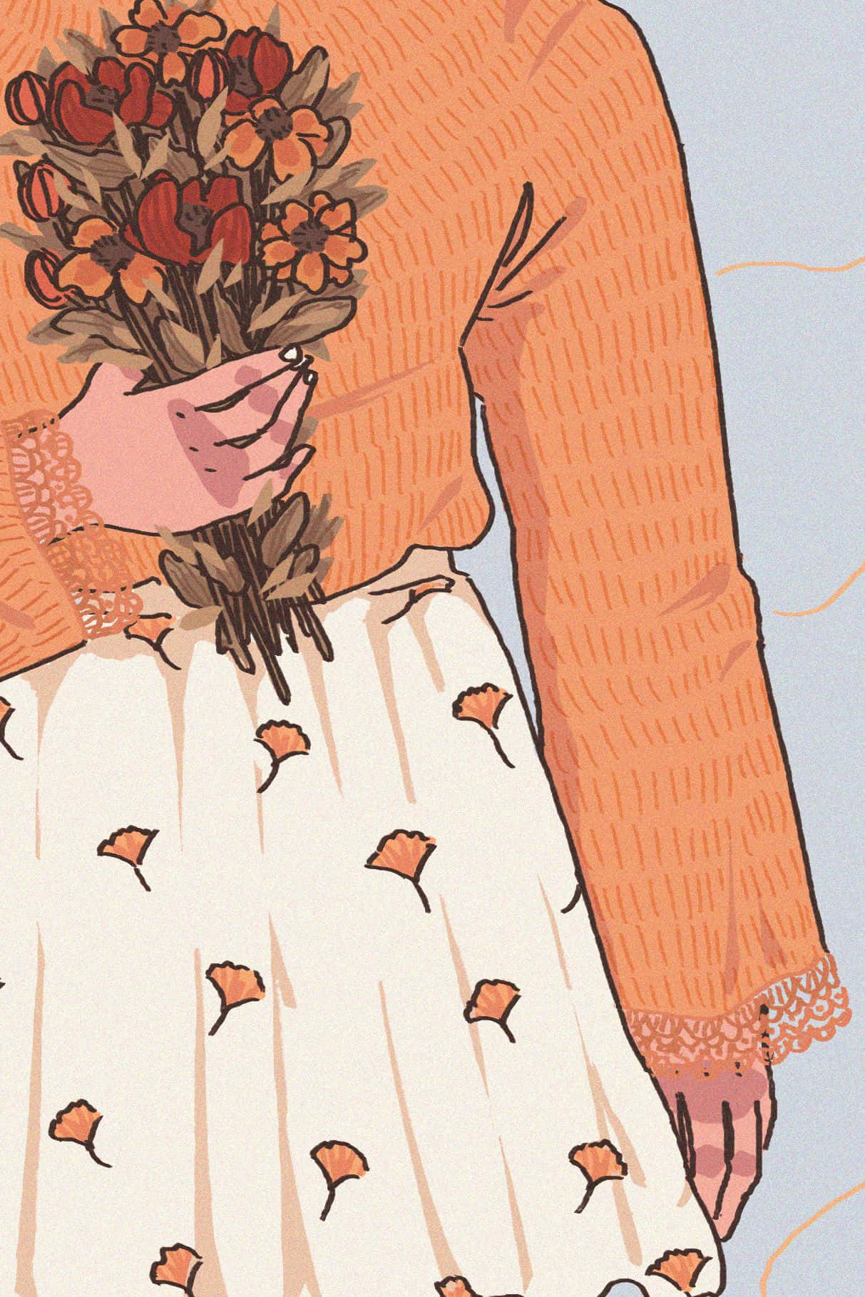 cartoon drawing, orange sweater, bouquet of red and orange flowers, HD Phone Wallpaper