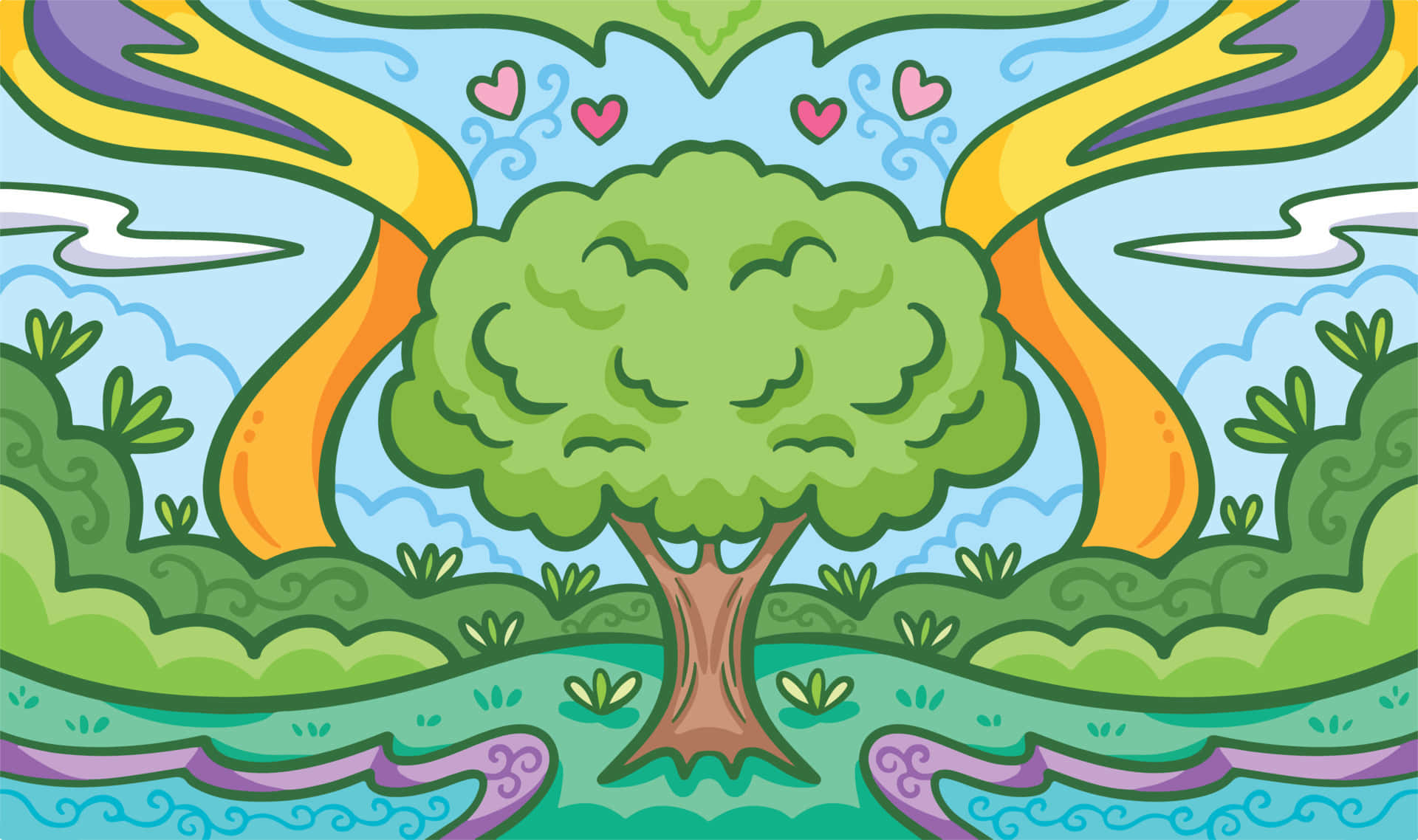 cartoon tree, smiling face, vibrant green landscape, Full HD Desktop Wallpaper