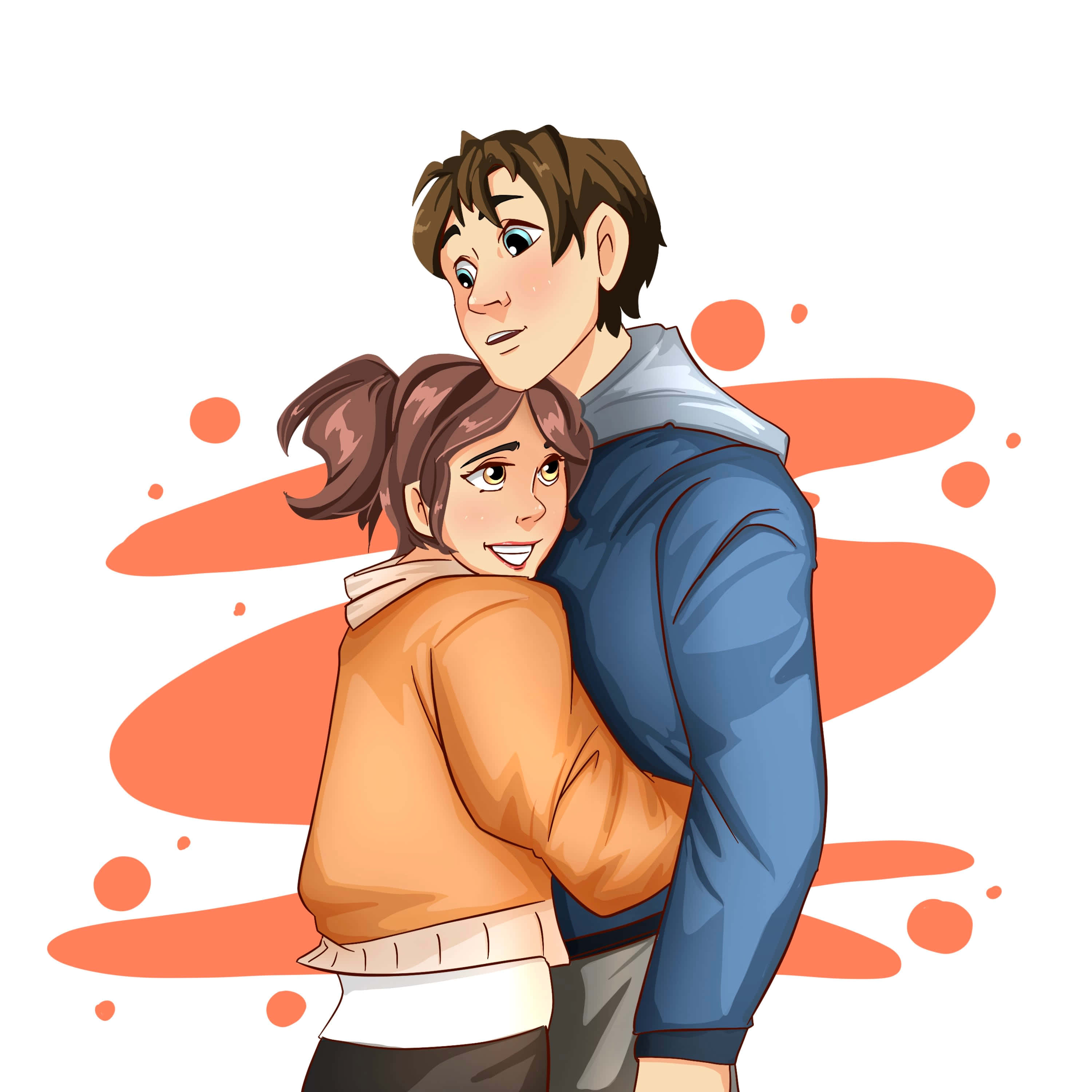 cartoon drawing, orange hoodie, blue jacket, 2K Desktop Wallpaper