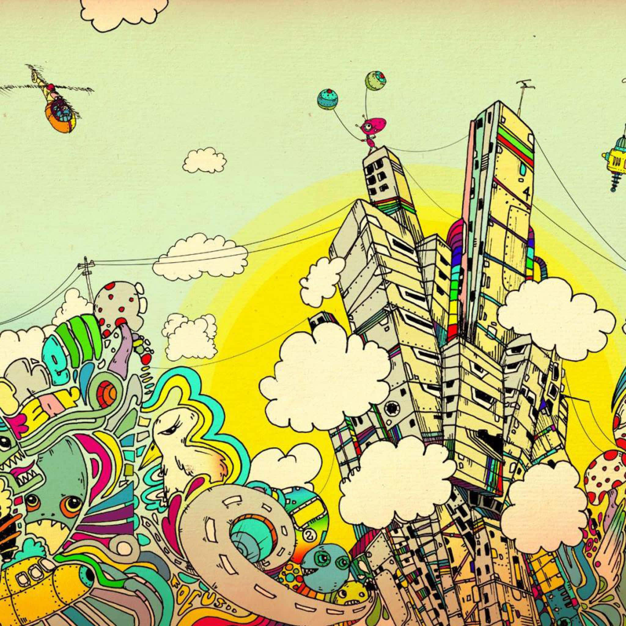 Cartoon Drawing, surreal cartoon cityscape, whimsical creatures, Full HD Desktop Wallpaper