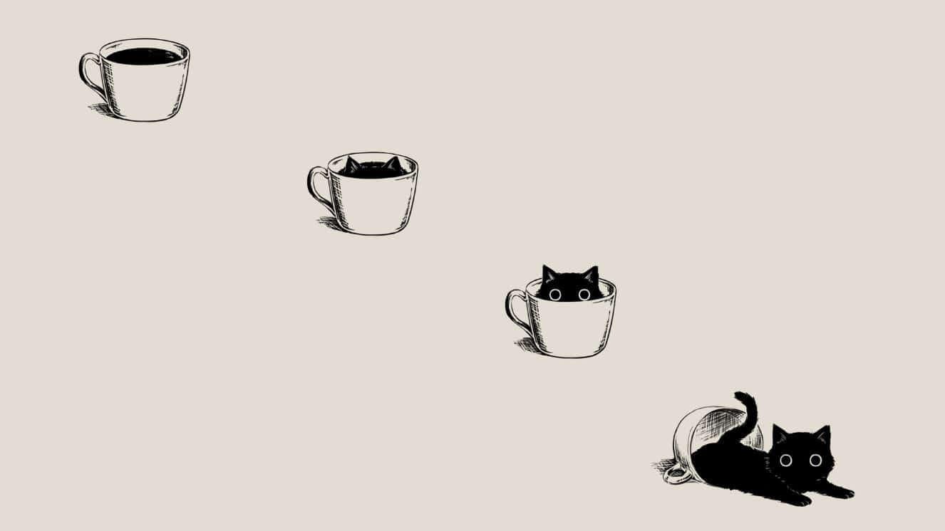black cat, coffee cups, whimsical line drawing, HD Desktop Wallpaper