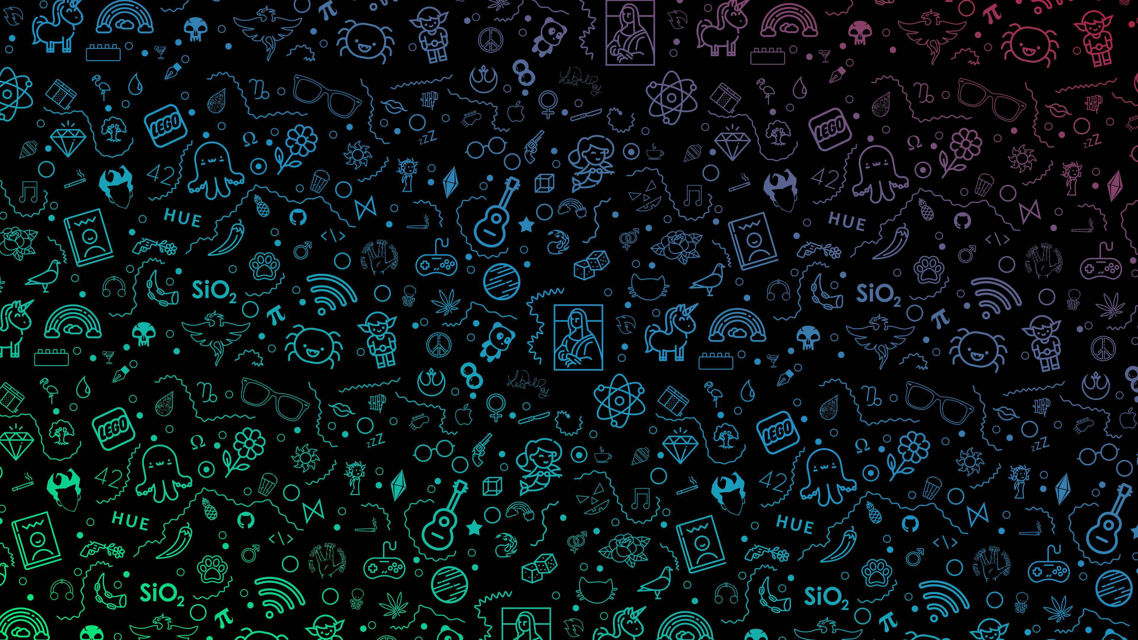 glowing neon blue, glowing neon green, line art icons, 4K Desktop Wallpaper