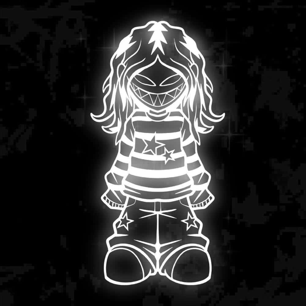 glowing white cartoon character, wide toothy grin, star-patterned clothing, SD Desktop Wallpaper
