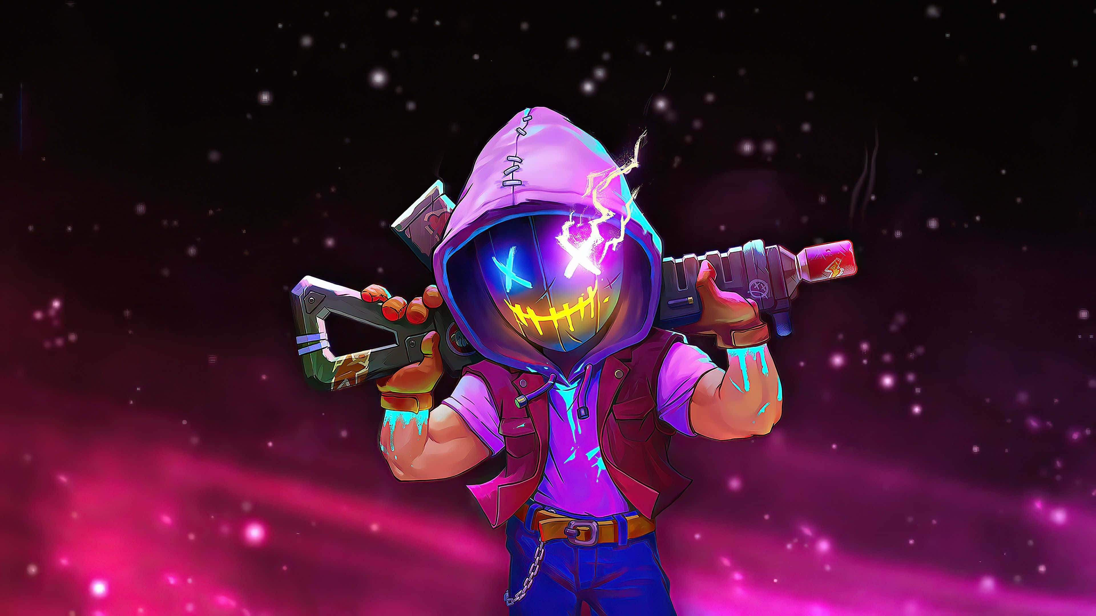 Cartoon Games, neon-lit, hooded figure, 4K Desktop Wallpaper