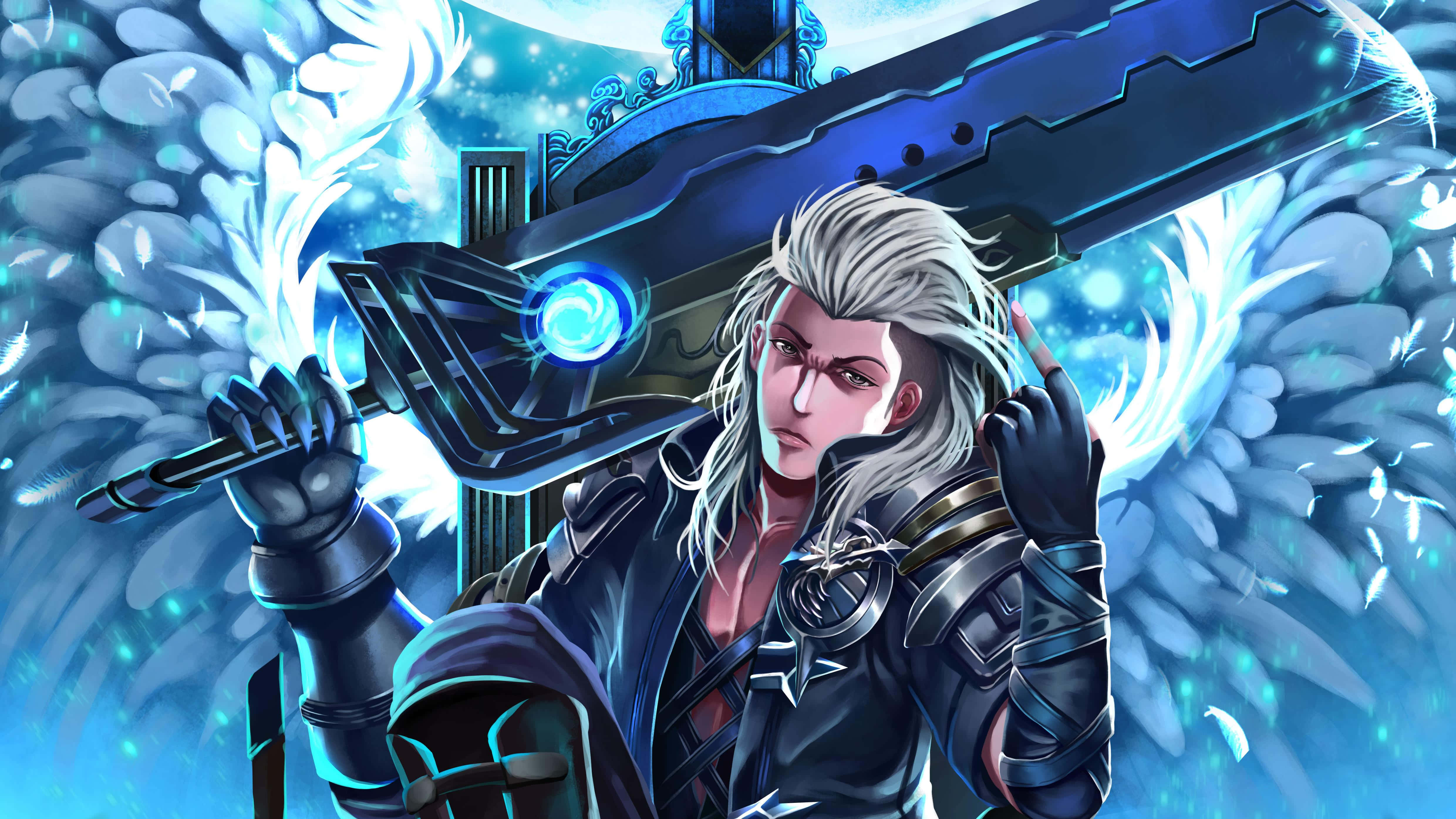 Cartoon Games, silver-haired anime warrior, glowing blue sword, 4K Desktop Wallpaper