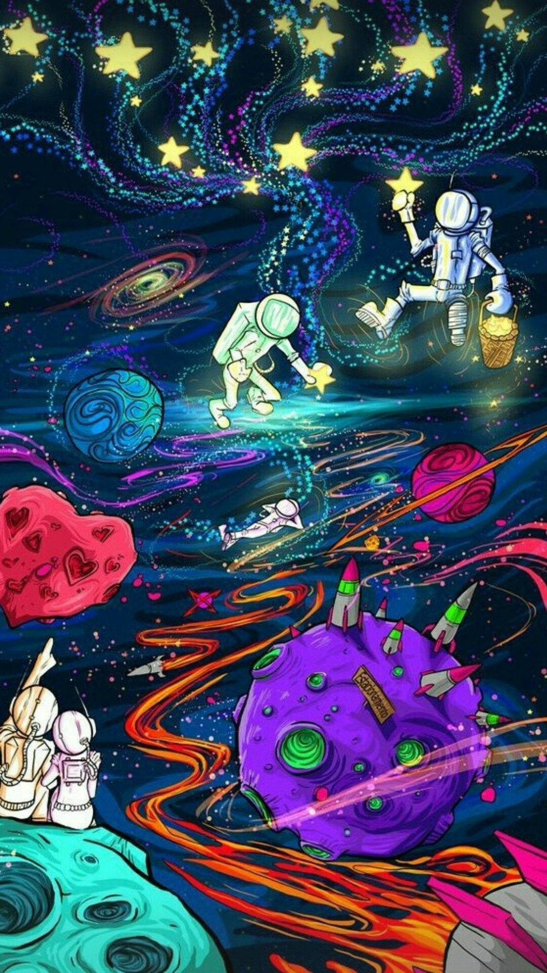 astronauts, vibrant cosmic landscape, colorful planets, Full HD Phone Wallpaper