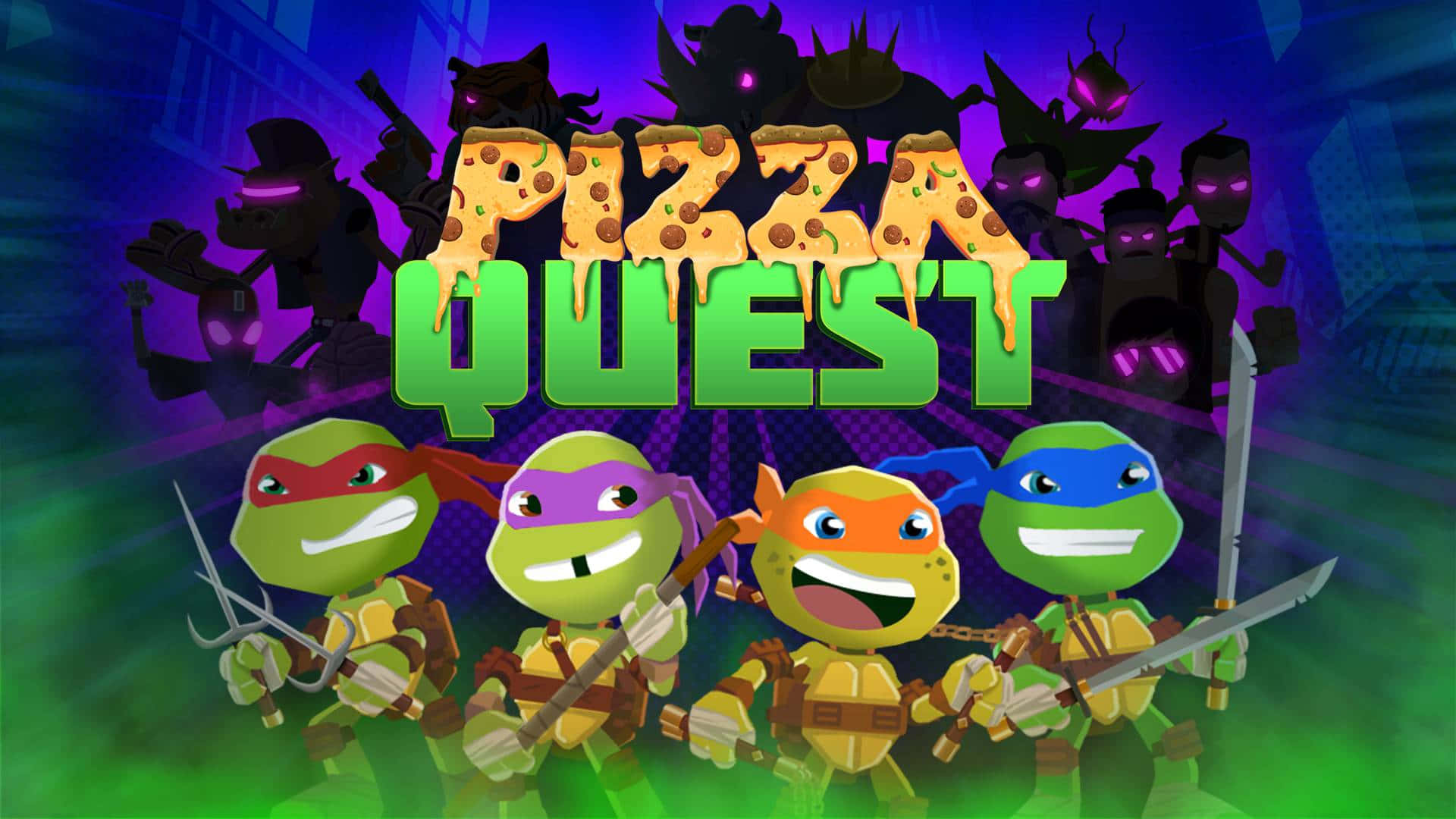 ninja turtles, colorful masks, glowing pizza-themed title, Full HD Desktop Wallpaper