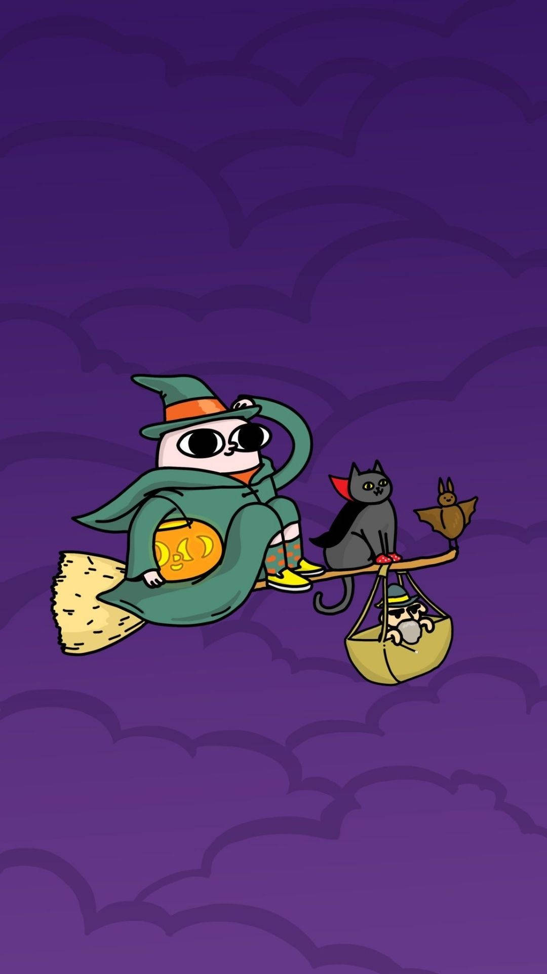 cartoon witch cat, broomstick, black cat, Full HD Phone Wallpaper