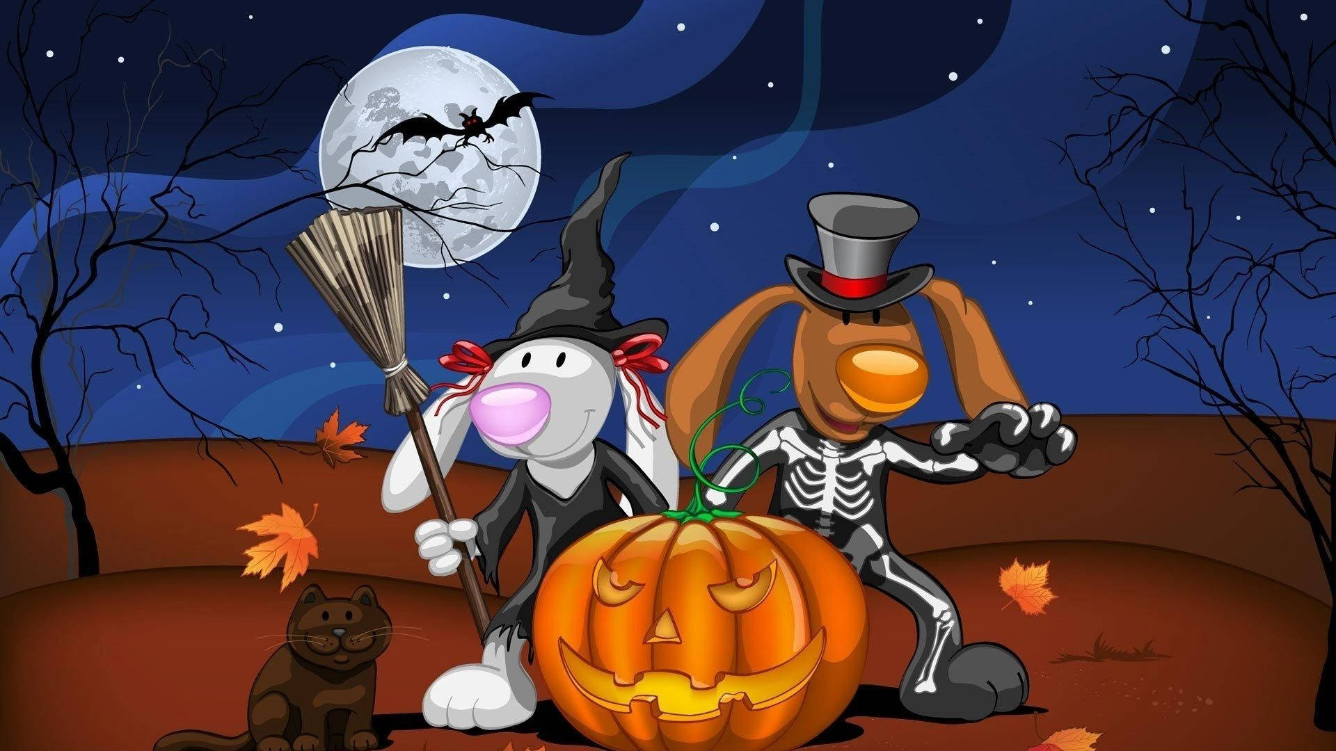 Funny Bunnies, witch, skeleton, Full HD Desktop Wallpaper