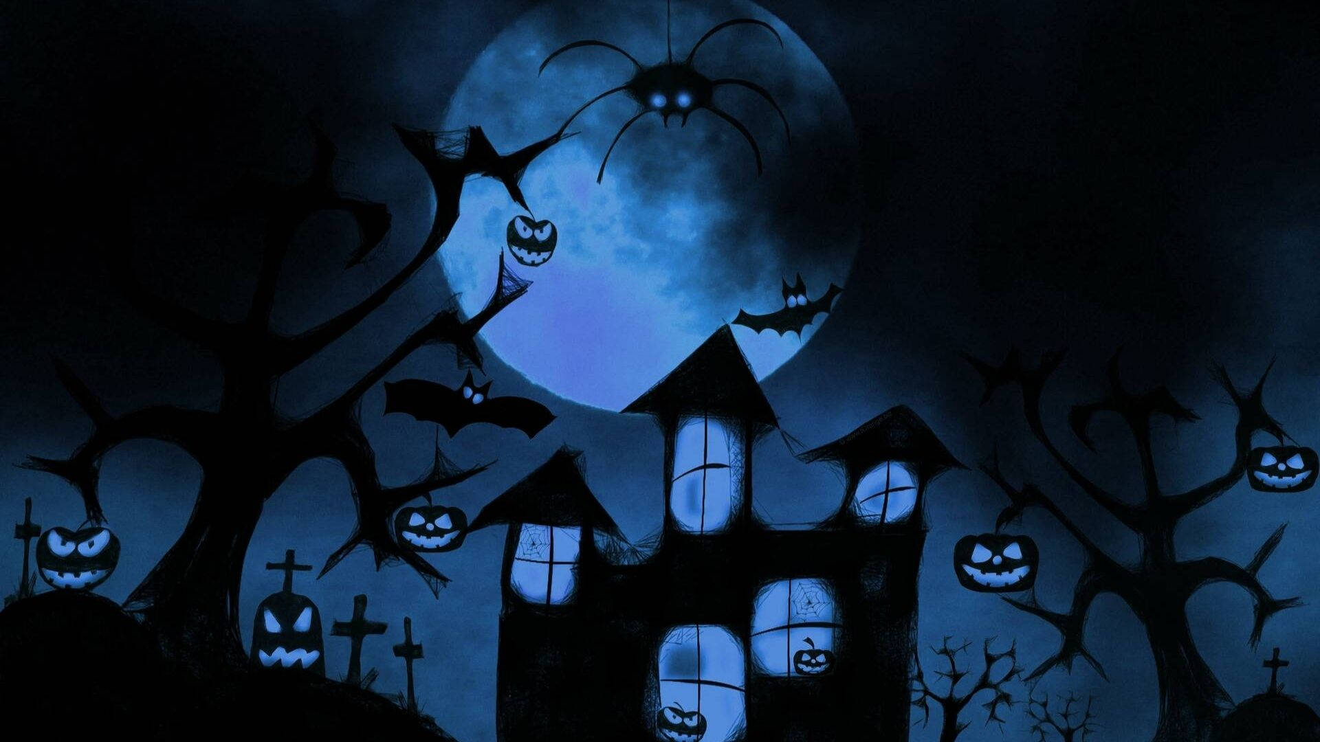 haunted house, full moon, glowing jack-o-lanterns, Full HD Desktop Wallpaper