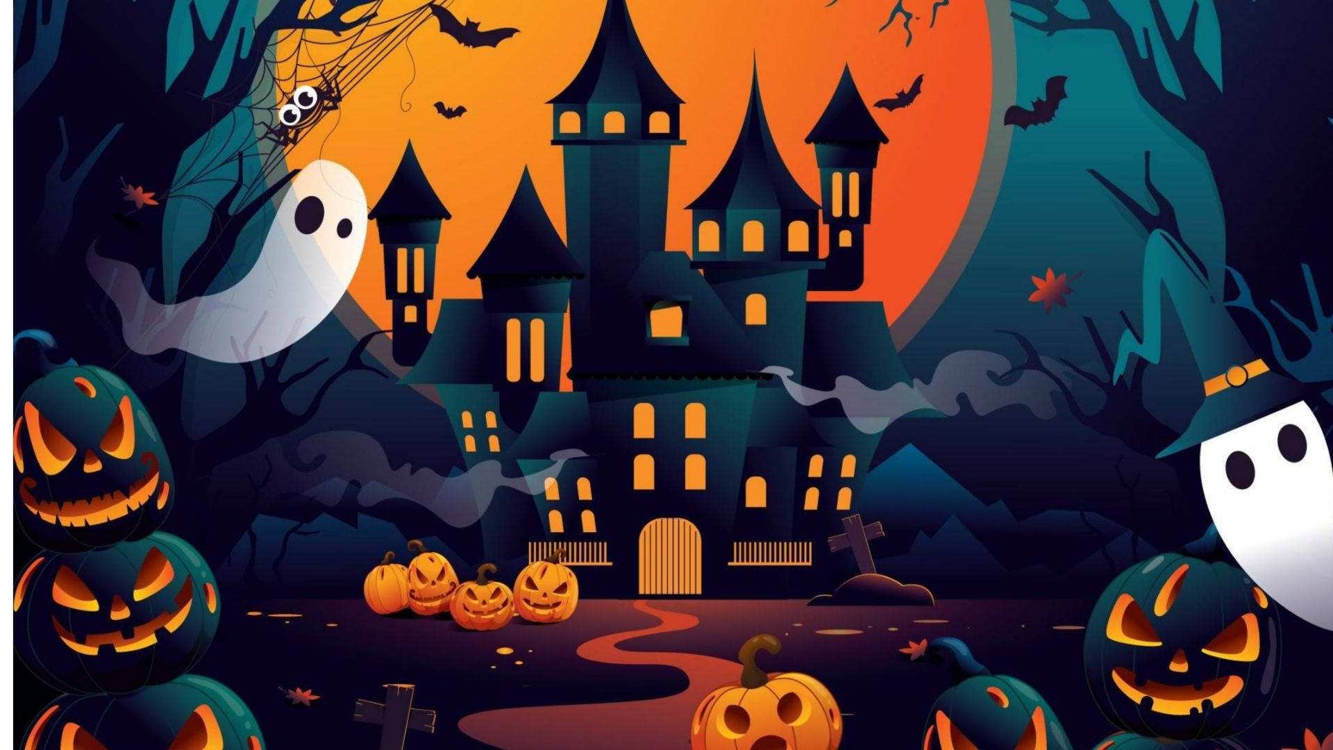 Cartoon Halloween, jack-o'-lanterns, ghosts, Full HD Desktop Wallpaper