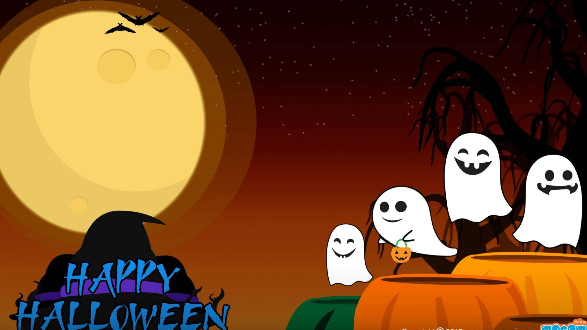Cartoon Halloween, happy ghosts, jack-o-lanterns, Full HD Desktop Wallpaper