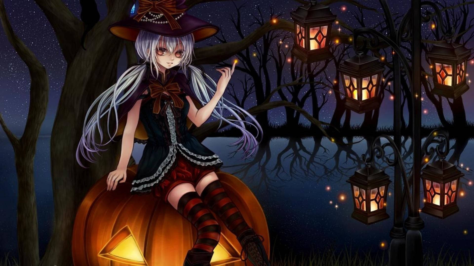 Cartoon Halloween Girl, pumpkin, black hat, Full HD Desktop Wallpaper
