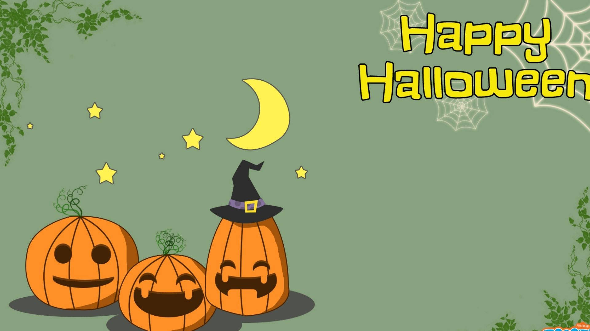 Cartoon Halloween, smiling trio pumpkins, witch hats, Full HD Desktop Wallpaper