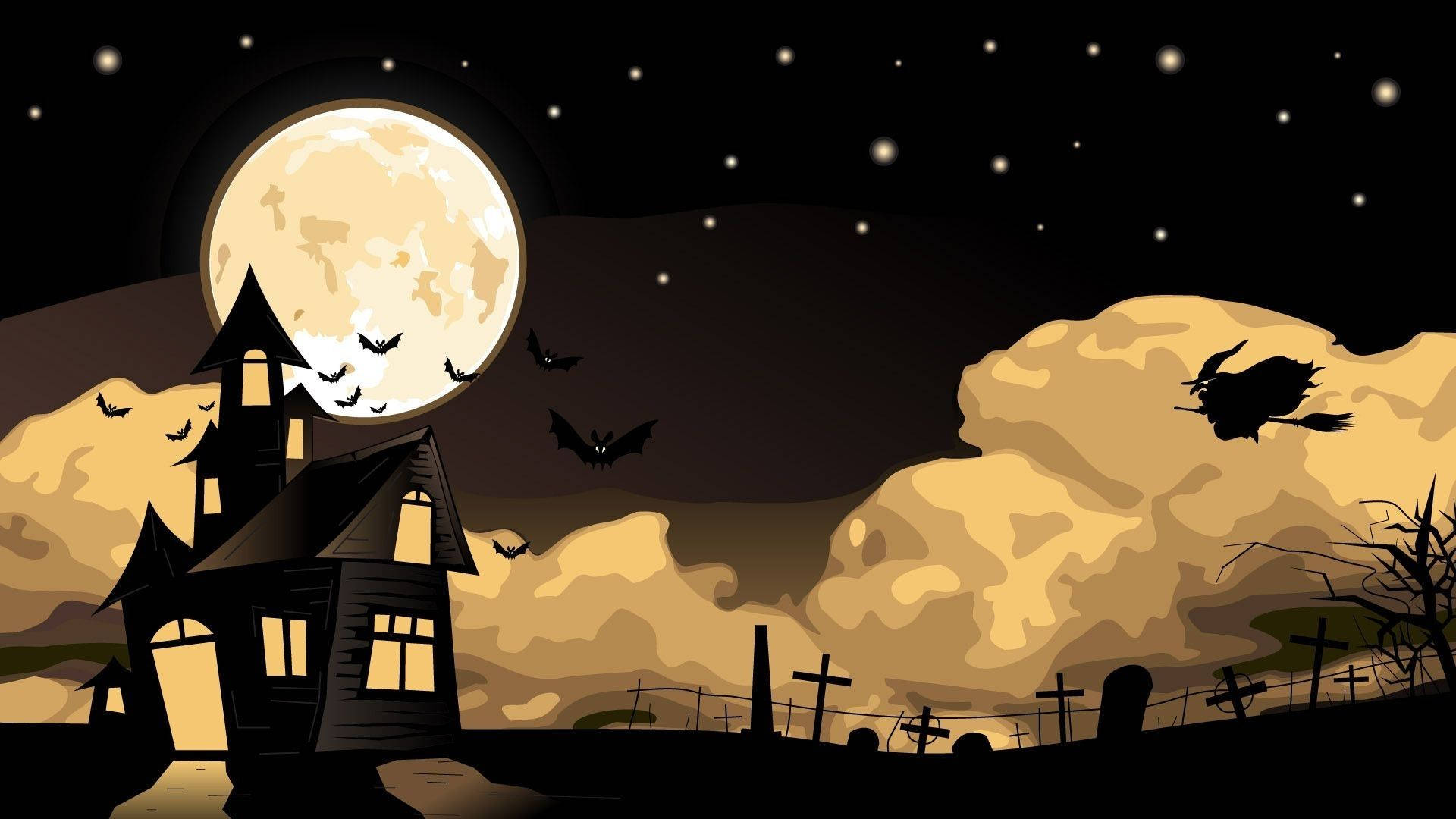 Cartoon Halloween, spooky mansion, glowing windows, Full HD Desktop Wallpaper