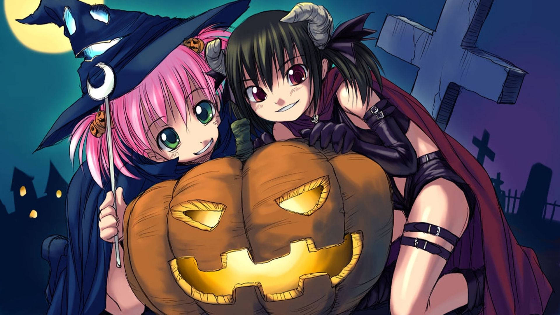 Cartoon Halloween, witch costumes, glowing jack-o-lantern, Full HD Desktop Wallpaper