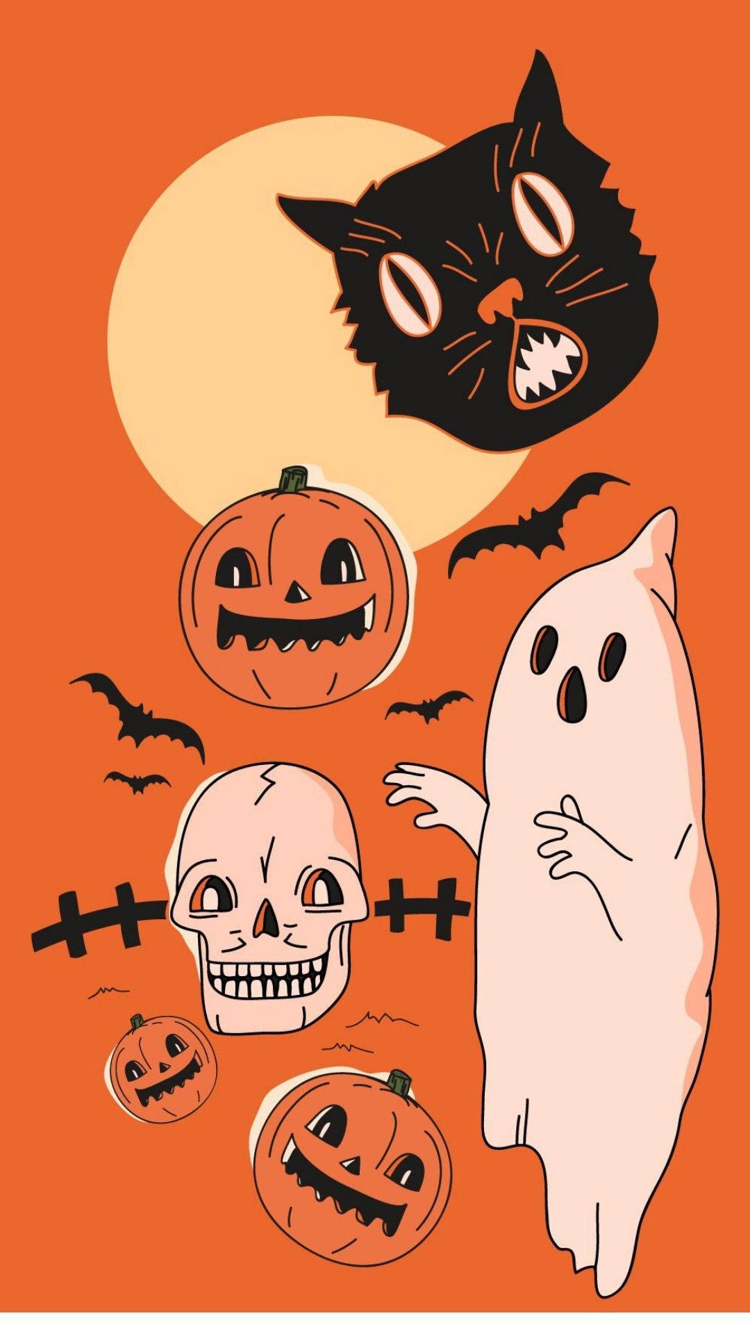black cat, ghost, pumpkin skull, Full HD Phone Wallpaper