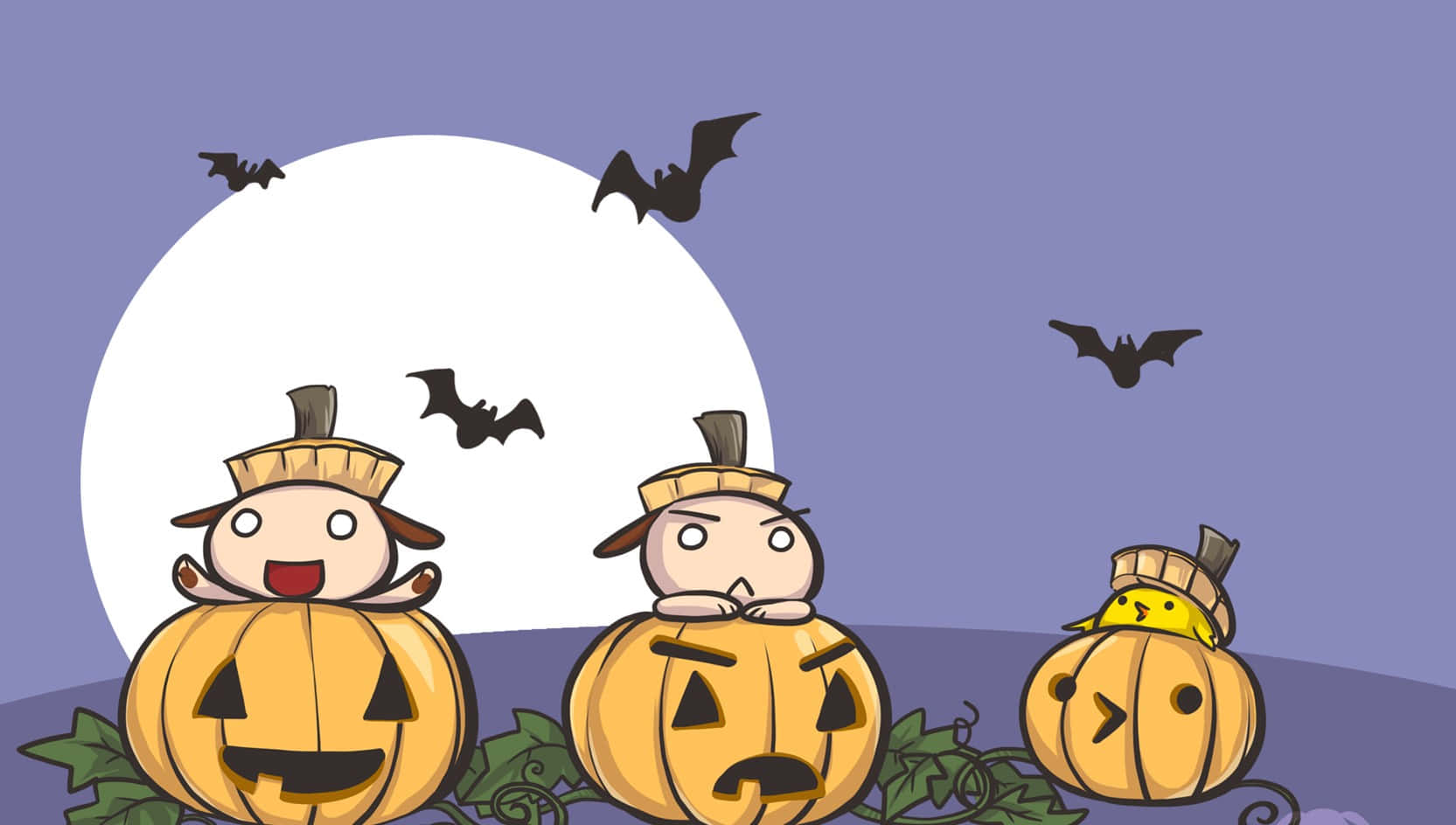 Kawaii Characters, jack-o-lanterns, full moon, HD Desktop Wallpaper
