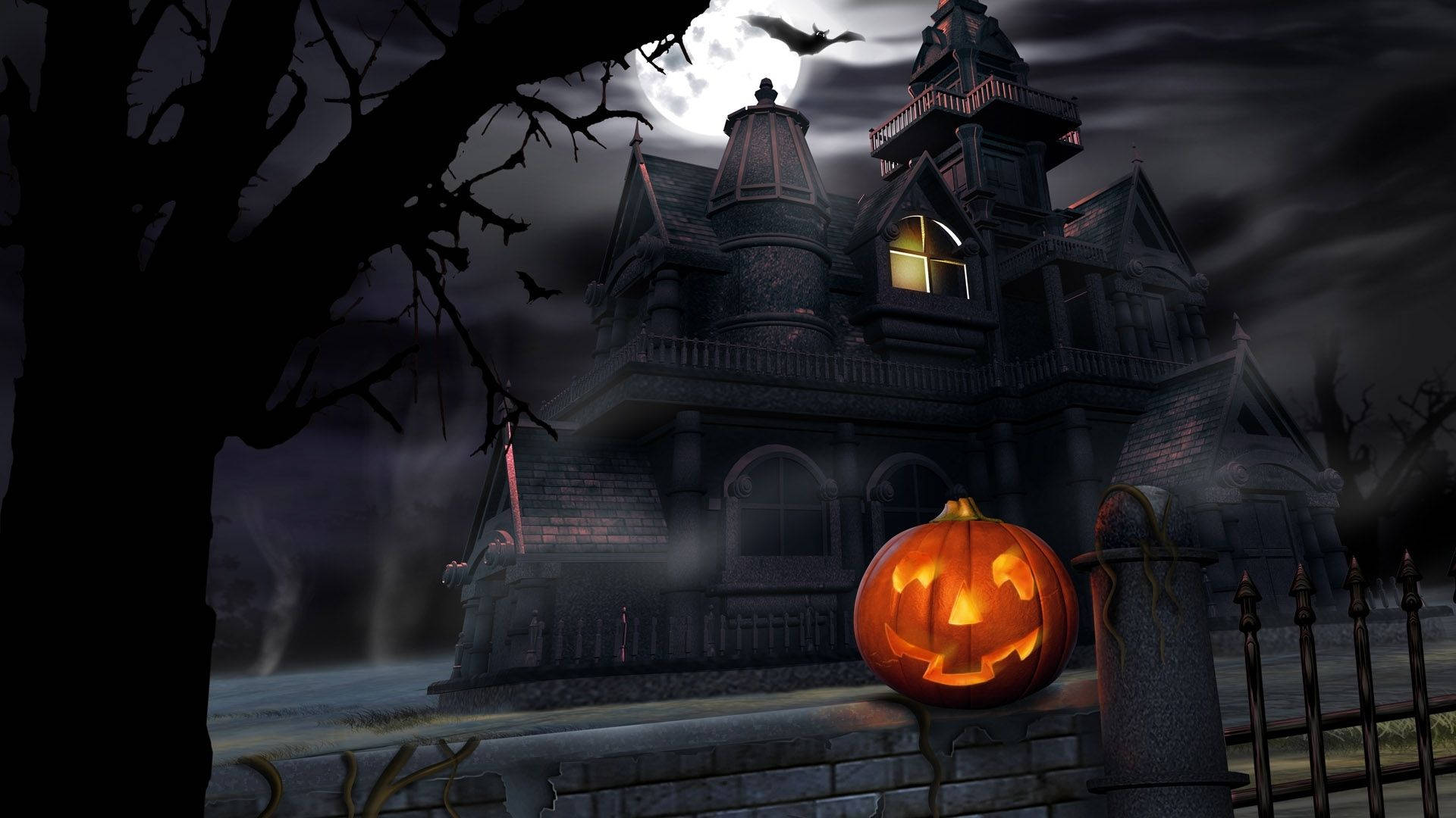 jack-o'-lantern, haunted mansion, full moon, Full HD Desktop Wallpaper