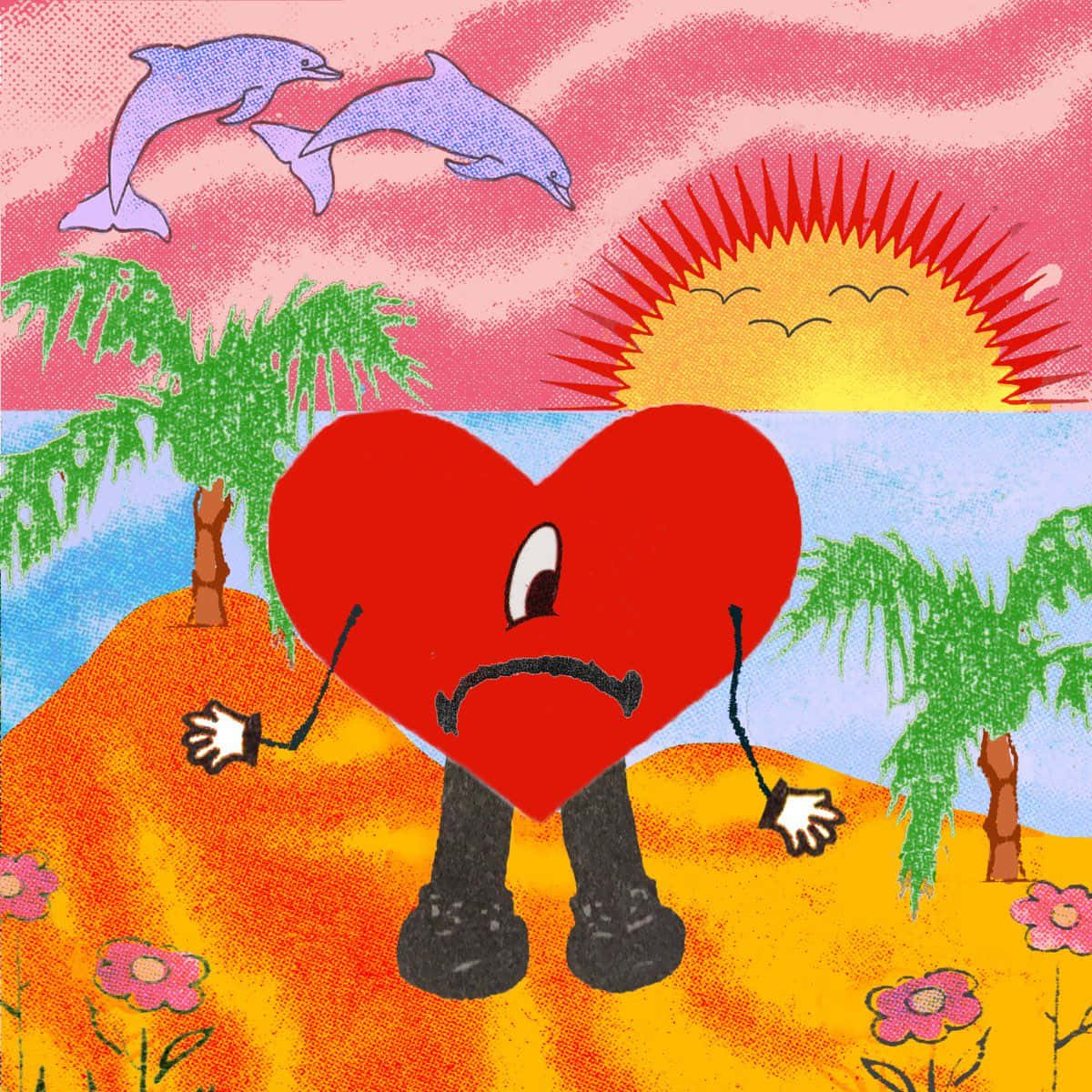 cartoon heart, frowning face, sandy beach, SD Desktop Wallpaper