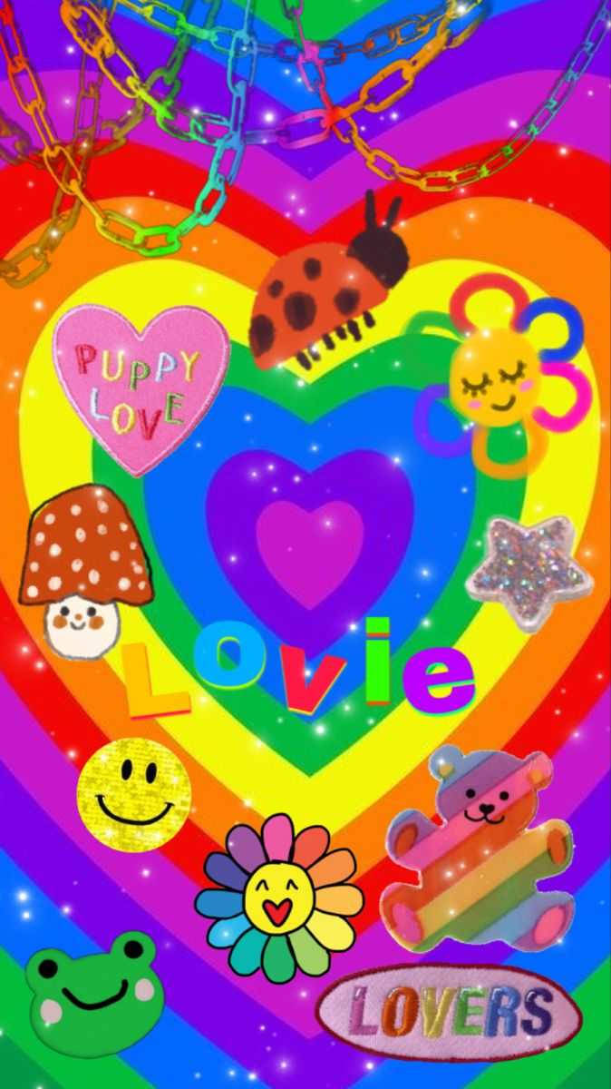 kidcore, rainbow heart, glittery toys, SD Phone Wallpaper