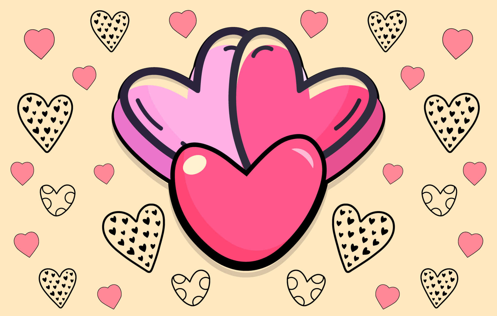 Cartoon Hearts Aesthetic, glossy pink hearts, beige backdrop, Full HD Desktop Wallpaper