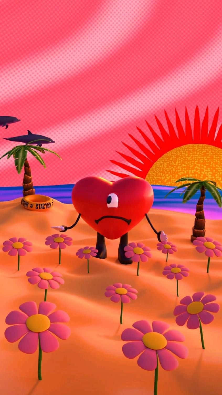 animated heart character, pink flowers, surreal beach, HD Phone Wallpaper