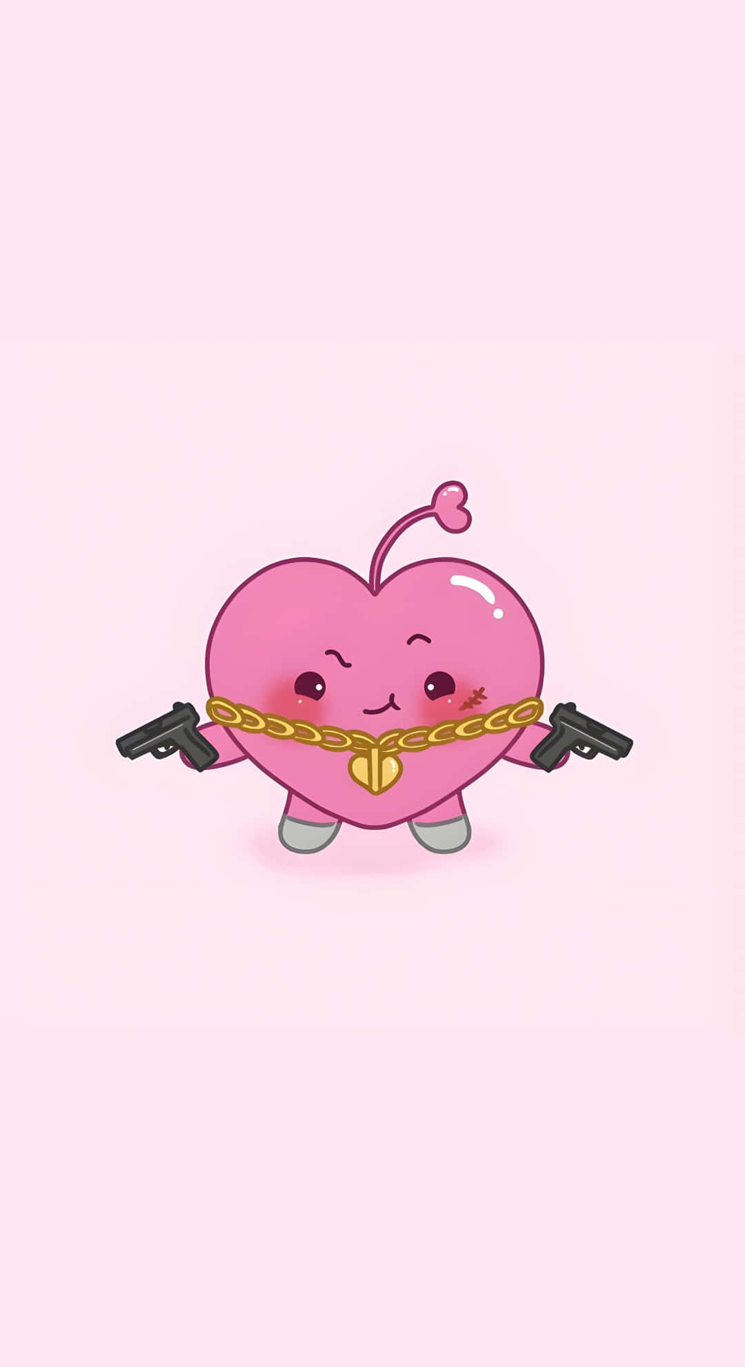 cute pink heart character, cherry stem, two pistols, Full HD Phone Wallpaper